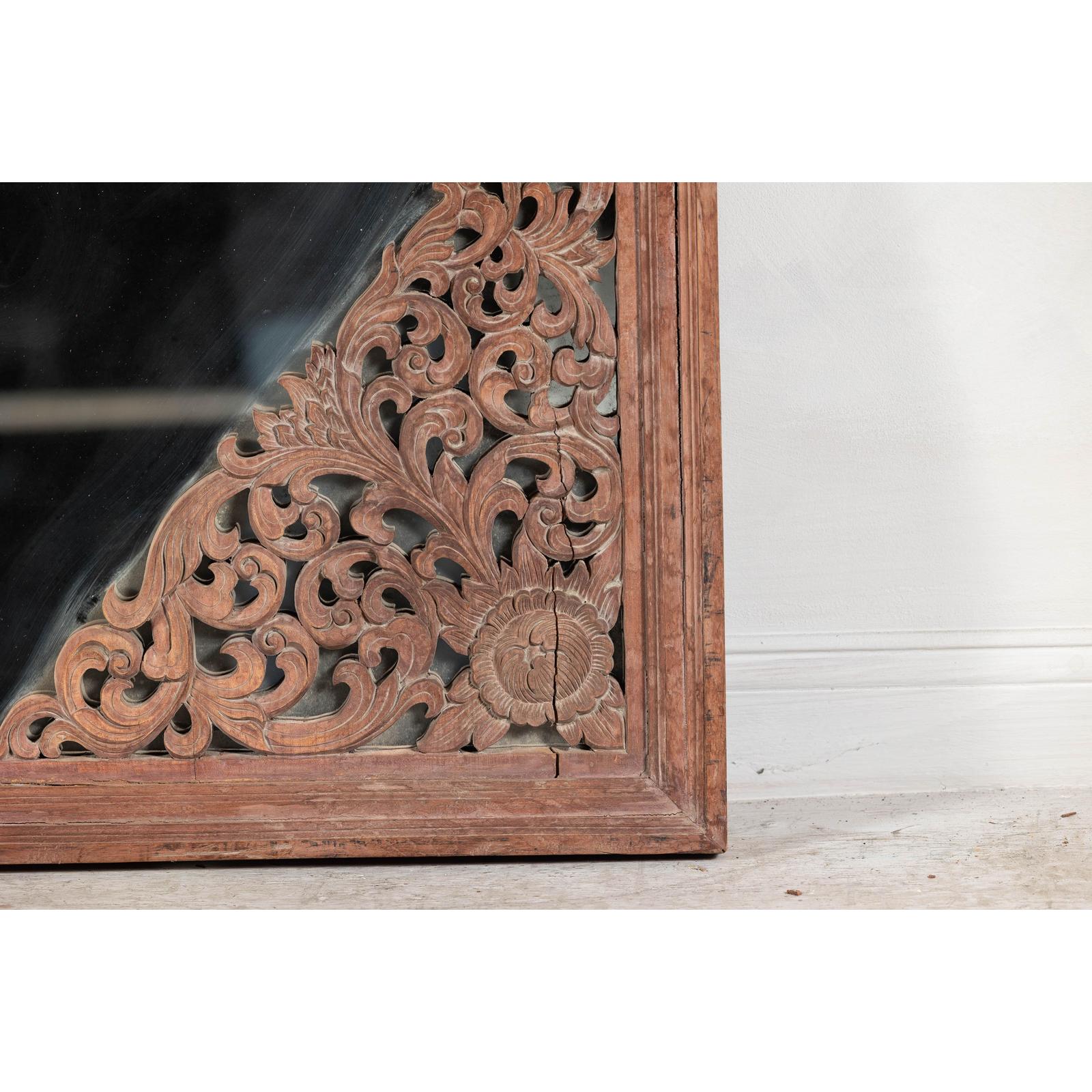 Antique Carved Hardwood Mirror with Floral Scrollwork, Early 20th Century