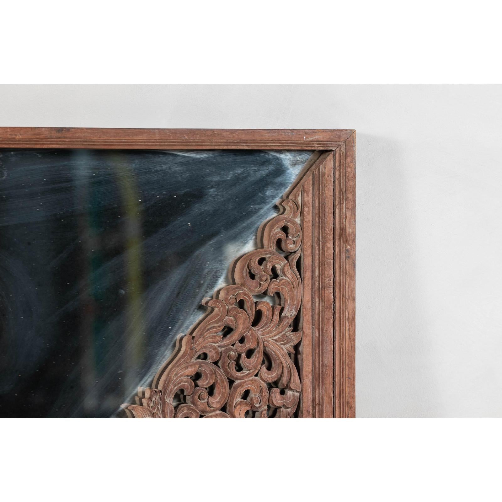 Antique Carved Hardwood Mirror with Floral Scrollwork, Early 20th Century