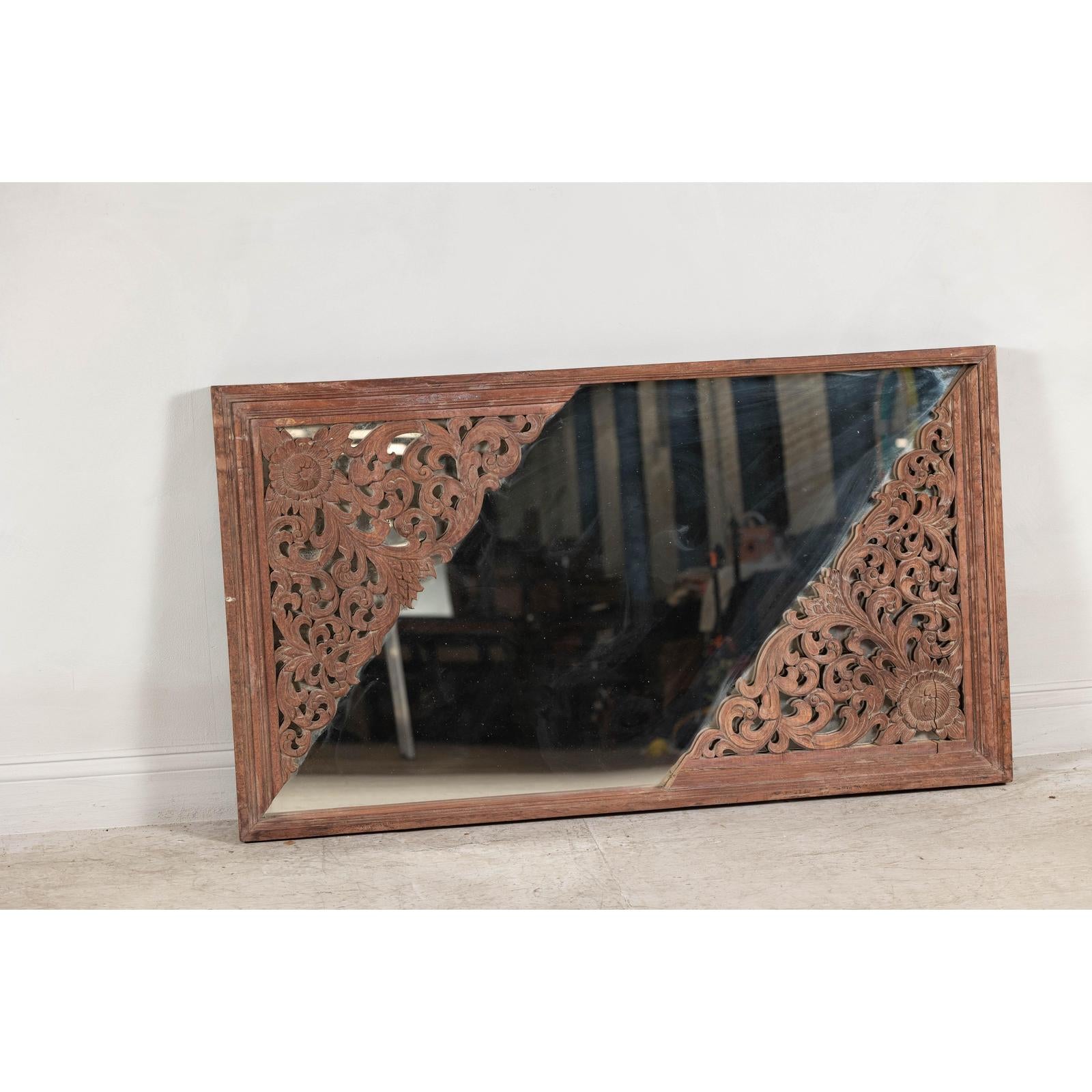 Antique Carved Hardwood Mirror with Floral Scrollwork, Early 20th Century