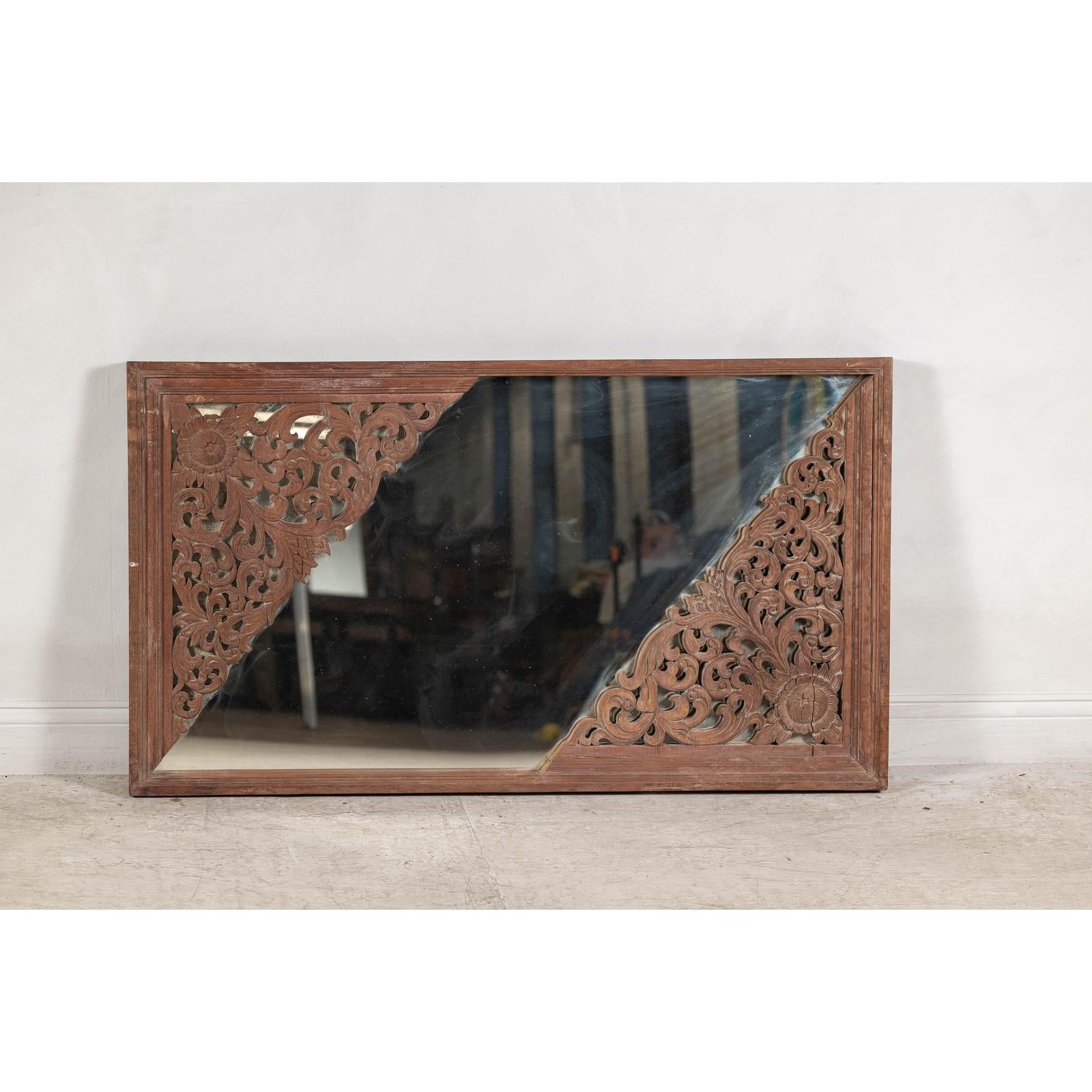 Antique Carved Hardwood Mirror with Floral Scrollwork, Early 20th Century