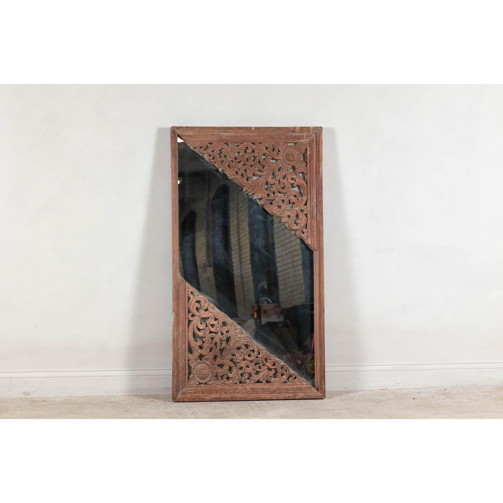 Antique Carved Hardwood Mirror with Floral Scrollwork, Early 20th Century