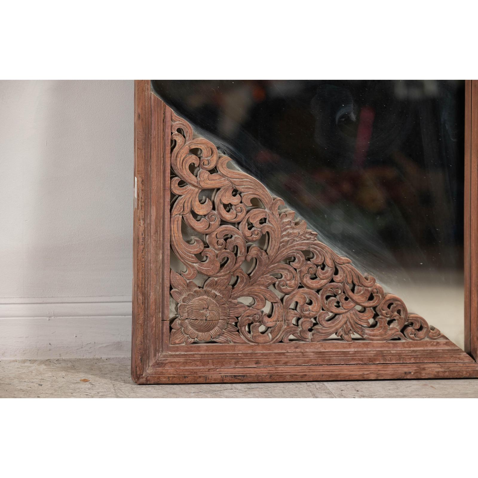 Antique Carved Hardwood Mirror with Floral Scrollwork, Early 20th Century