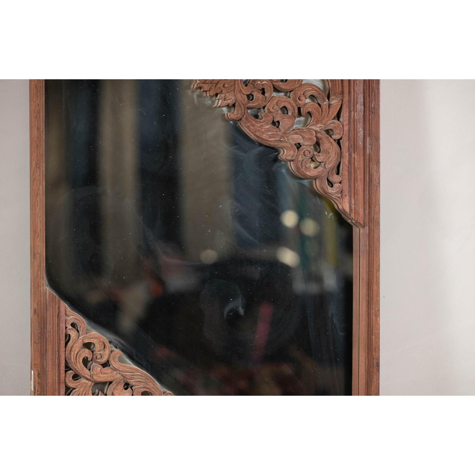 Antique Carved Hardwood Mirror with Floral Scrollwork, Early 20th Century