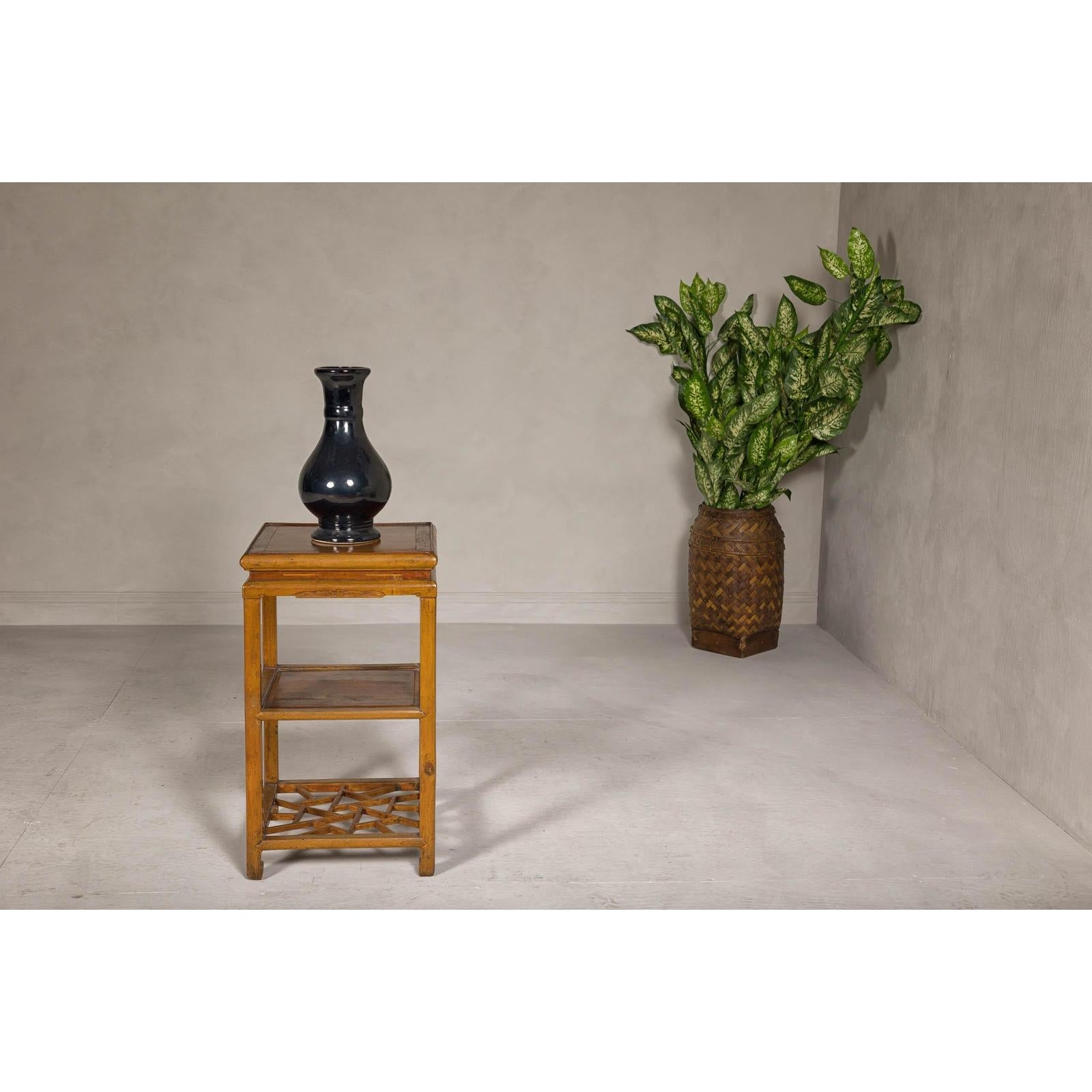 Three-Tier Accent Table with Geometric Shelf