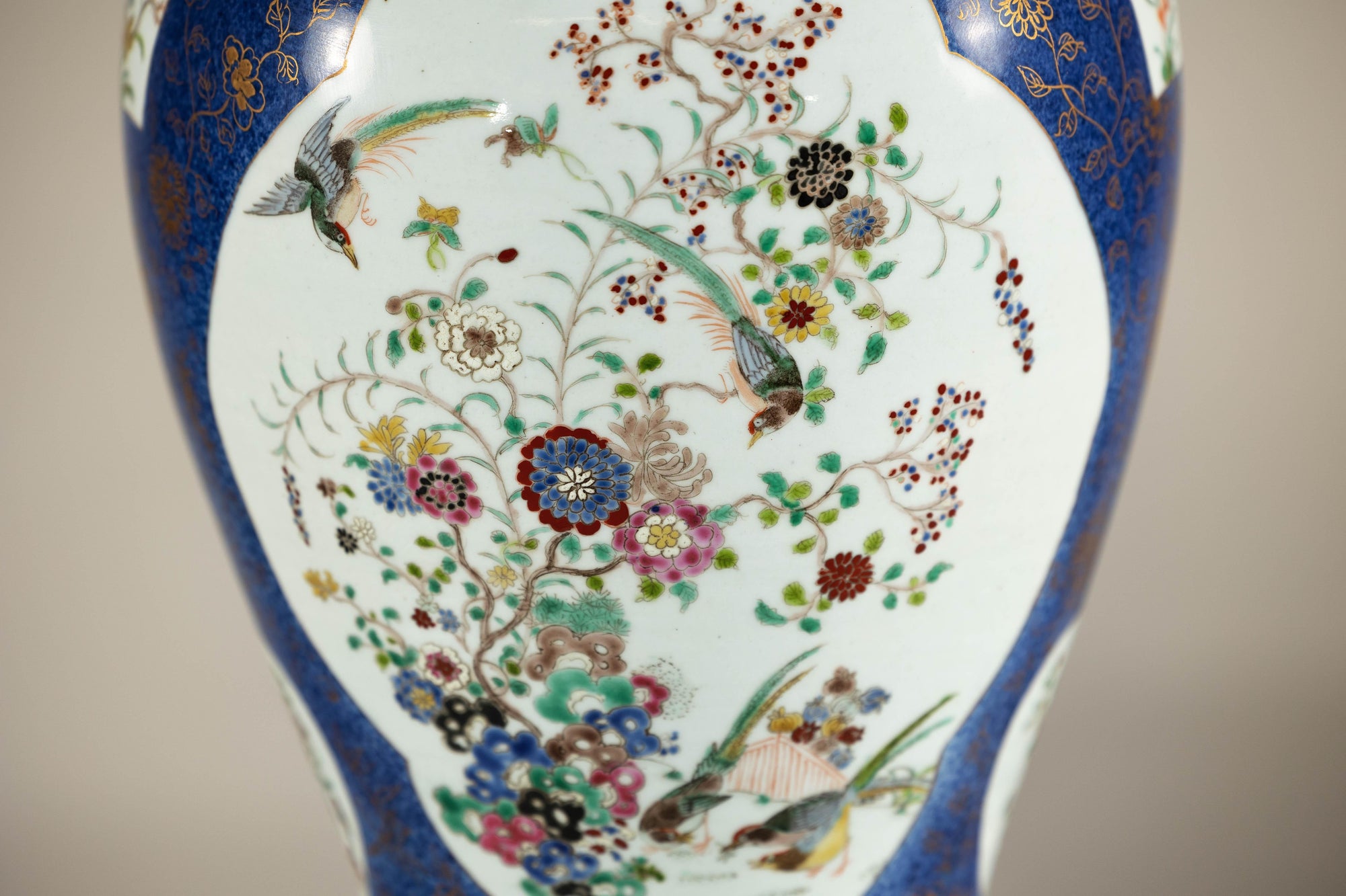 Vintage Hand-Painted Cobalt Blue Ginger Jar with Floral and Bird Motifs