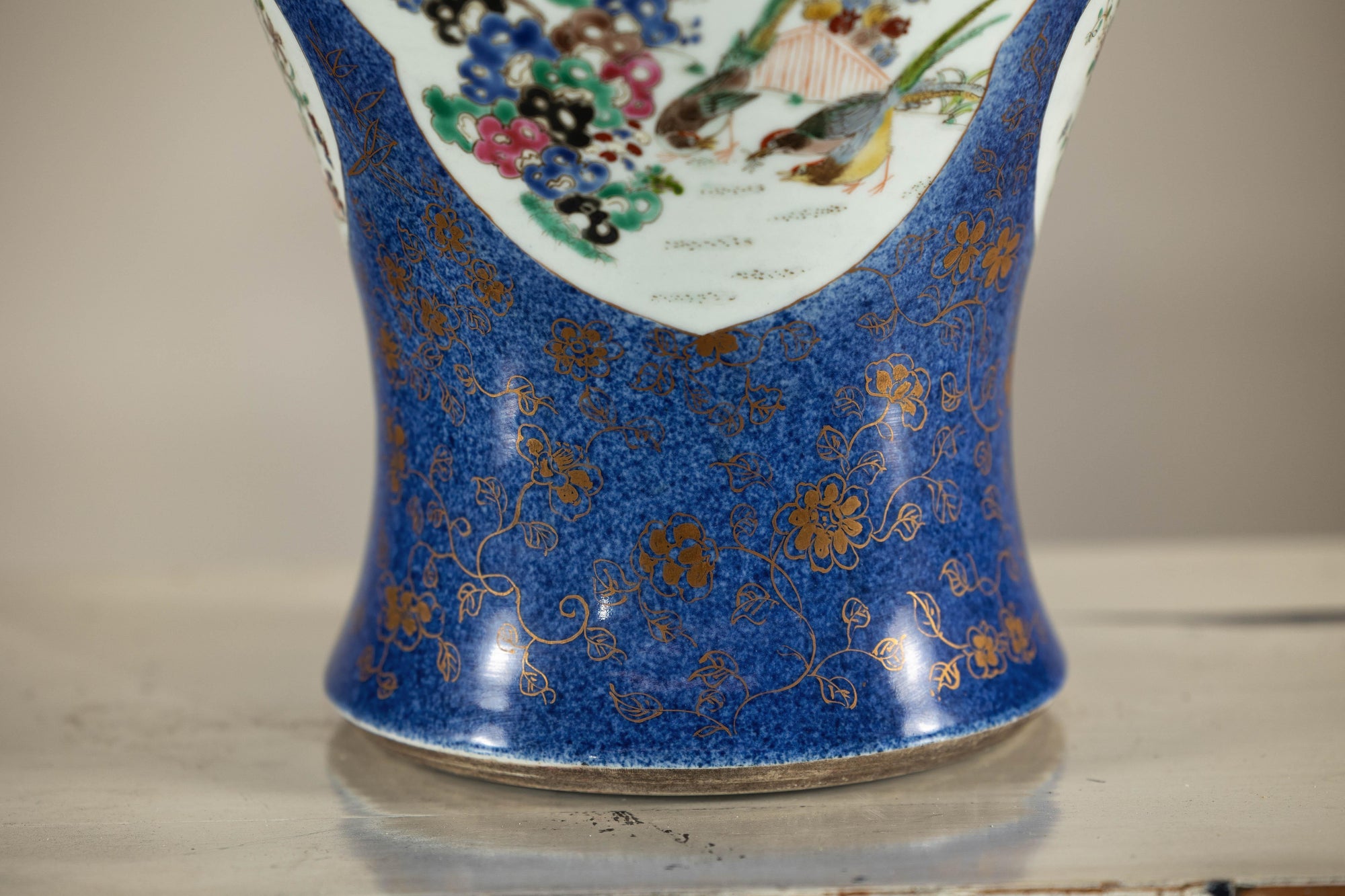 Vintage Hand-Painted Cobalt Blue Ginger Jar with Floral and Bird Motifs