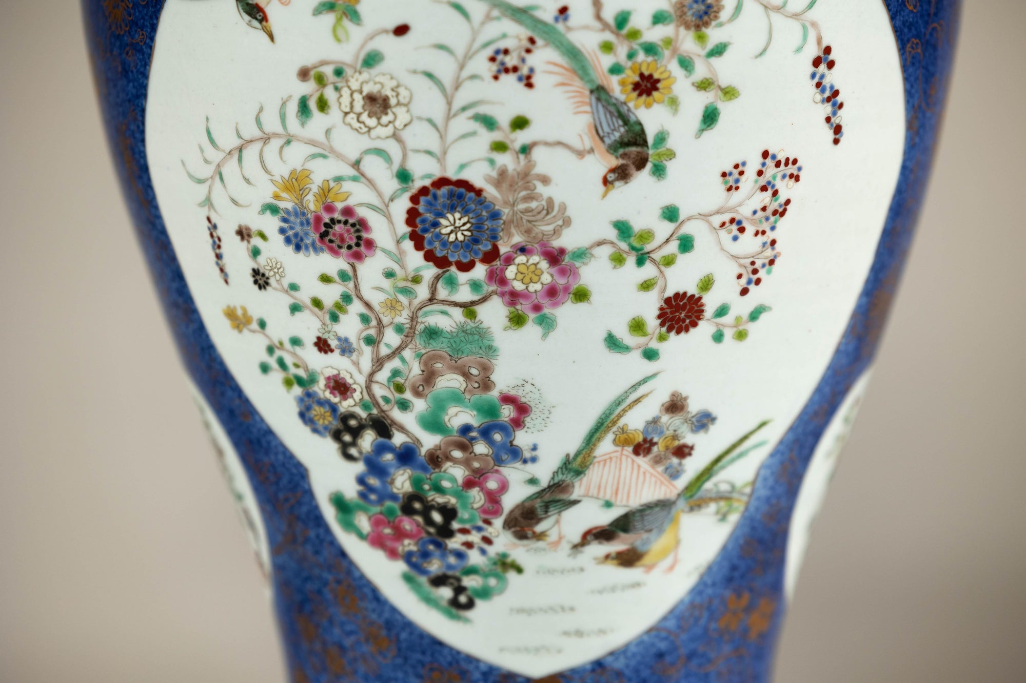 Vintage Hand-Painted Cobalt Blue Ginger Jar with Floral and Bird Motifs