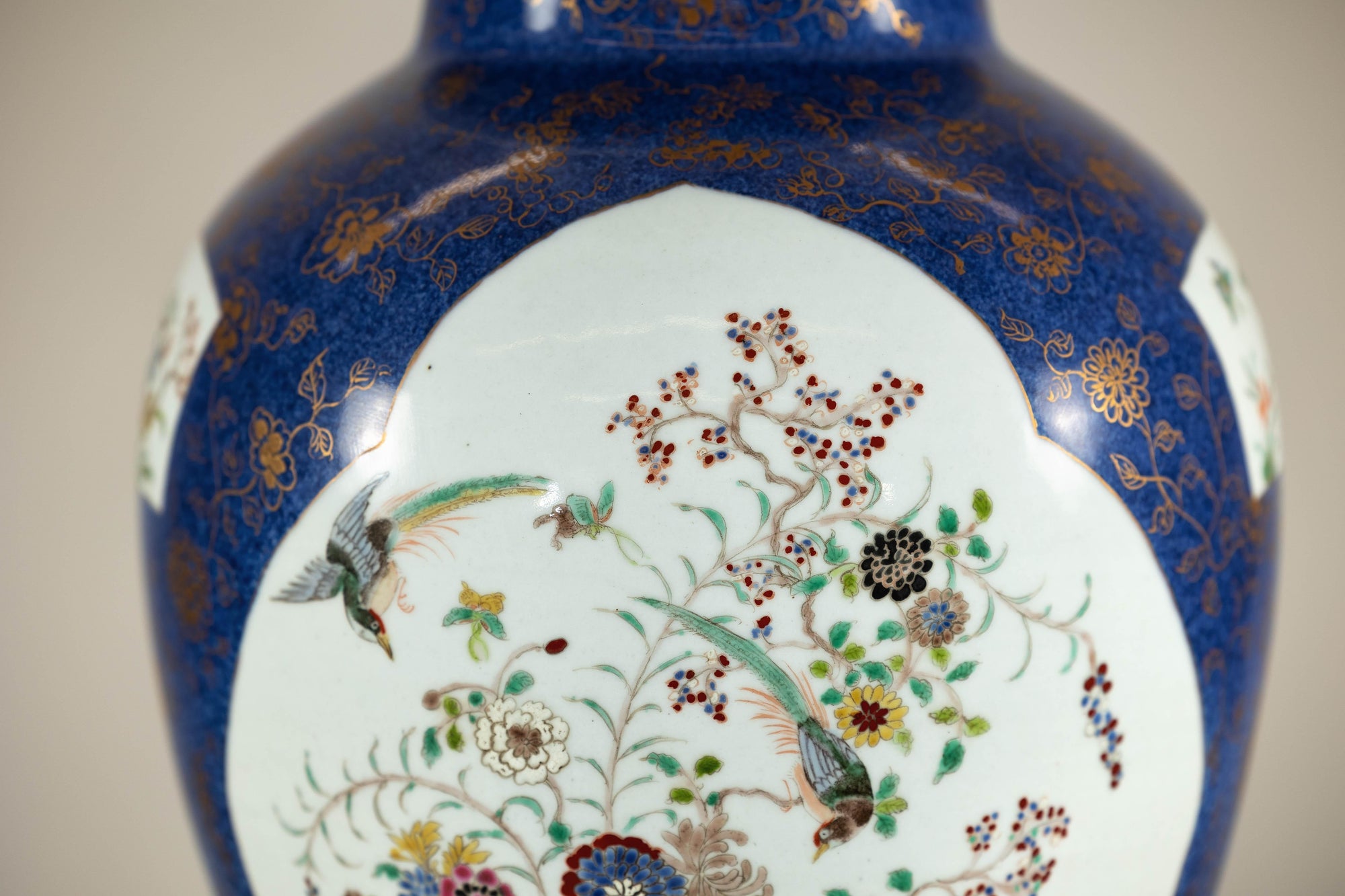 Vintage Hand-Painted Cobalt Blue Ginger Jar with Floral and Bird Motifs