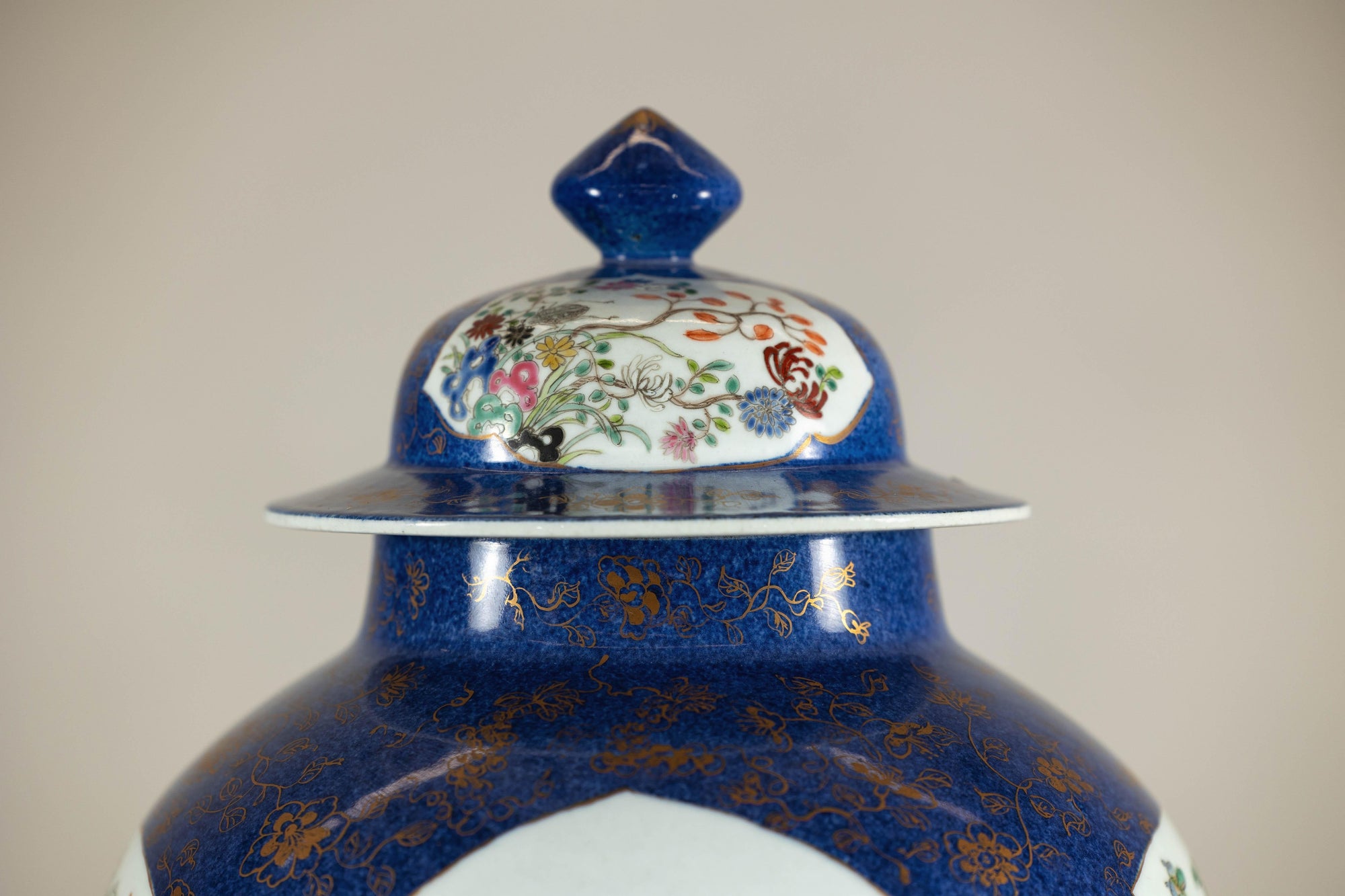 Vintage Hand-Painted Cobalt Blue Ginger Jar with Floral and Bird Motifs
