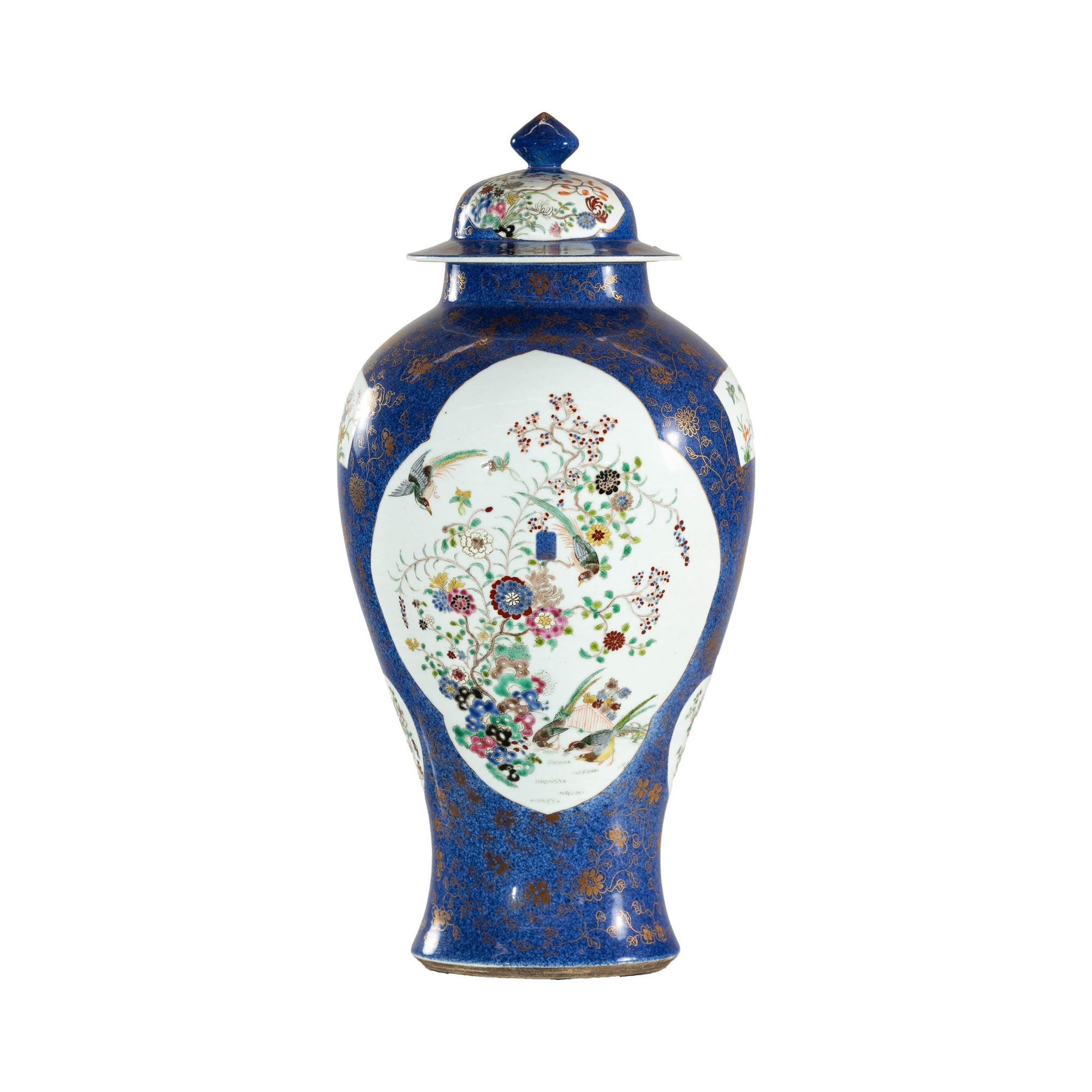Vintage Hand-Painted Cobalt Blue Ginger Jar with Floral and Bird Motifs