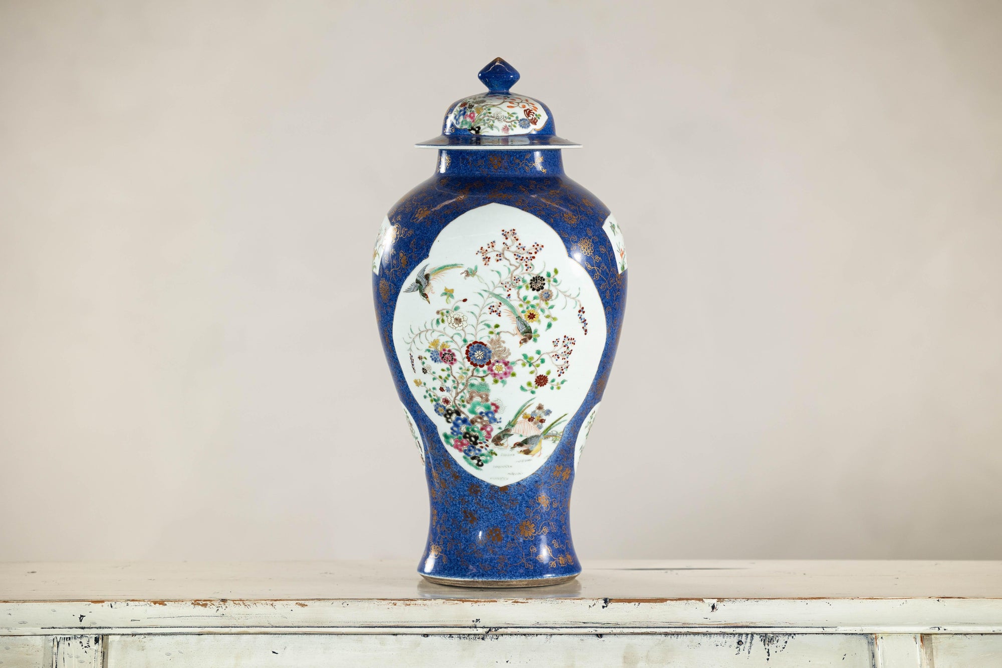 Vintage Hand-Painted Cobalt Blue Ginger Jar with Floral and Bird Motifs