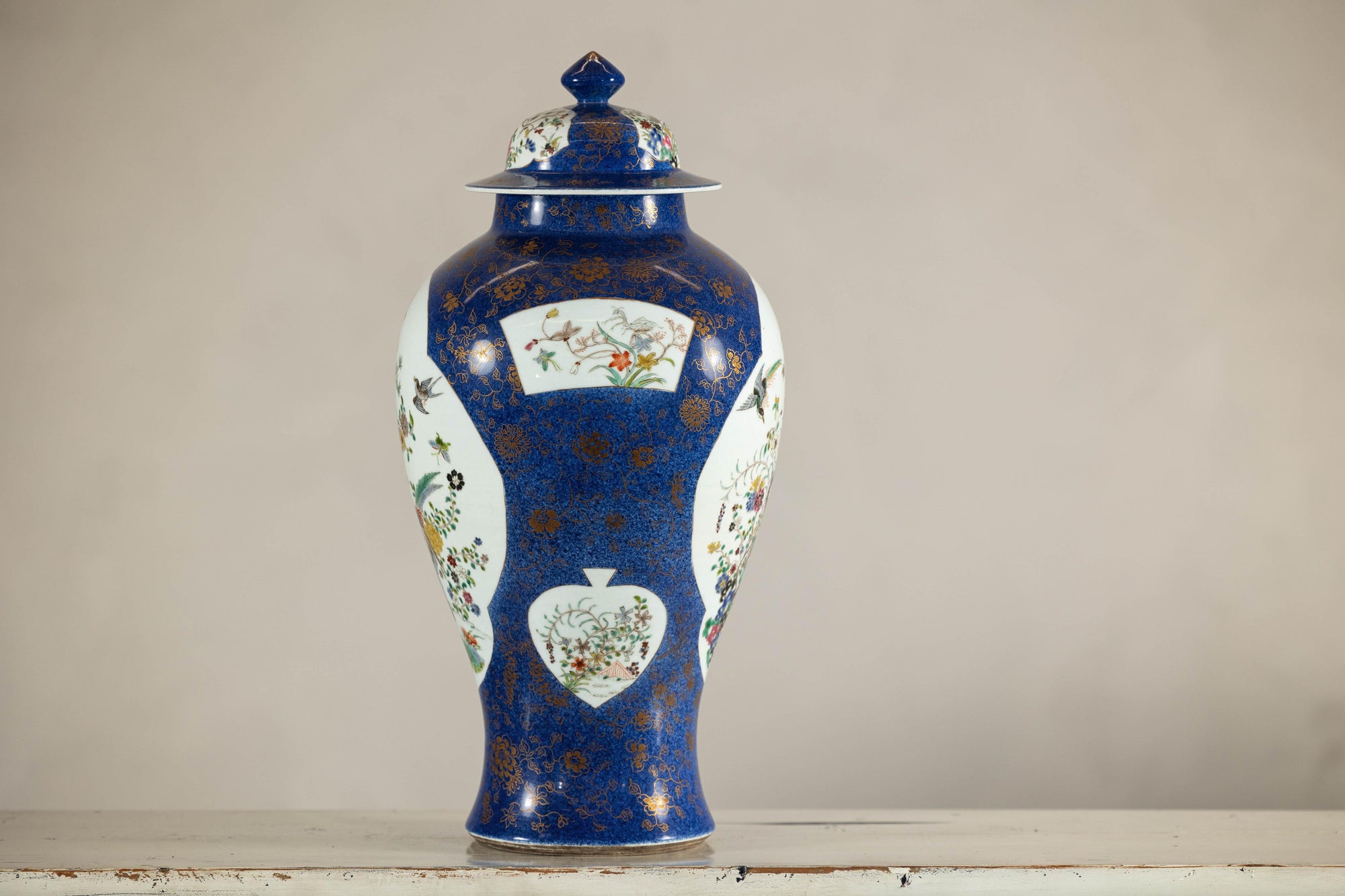 Vintage Hand-Painted Cobalt Blue Ginger Jar with Floral and Bird Motifs