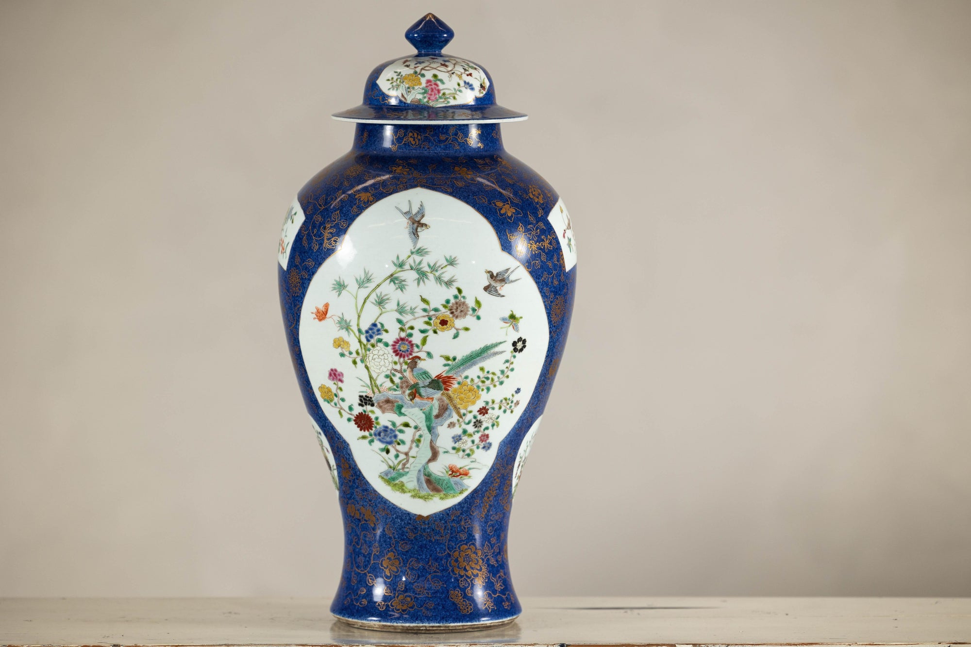 Vintage Hand-Painted Cobalt Blue Ginger Jar with Floral and Bird Motifs