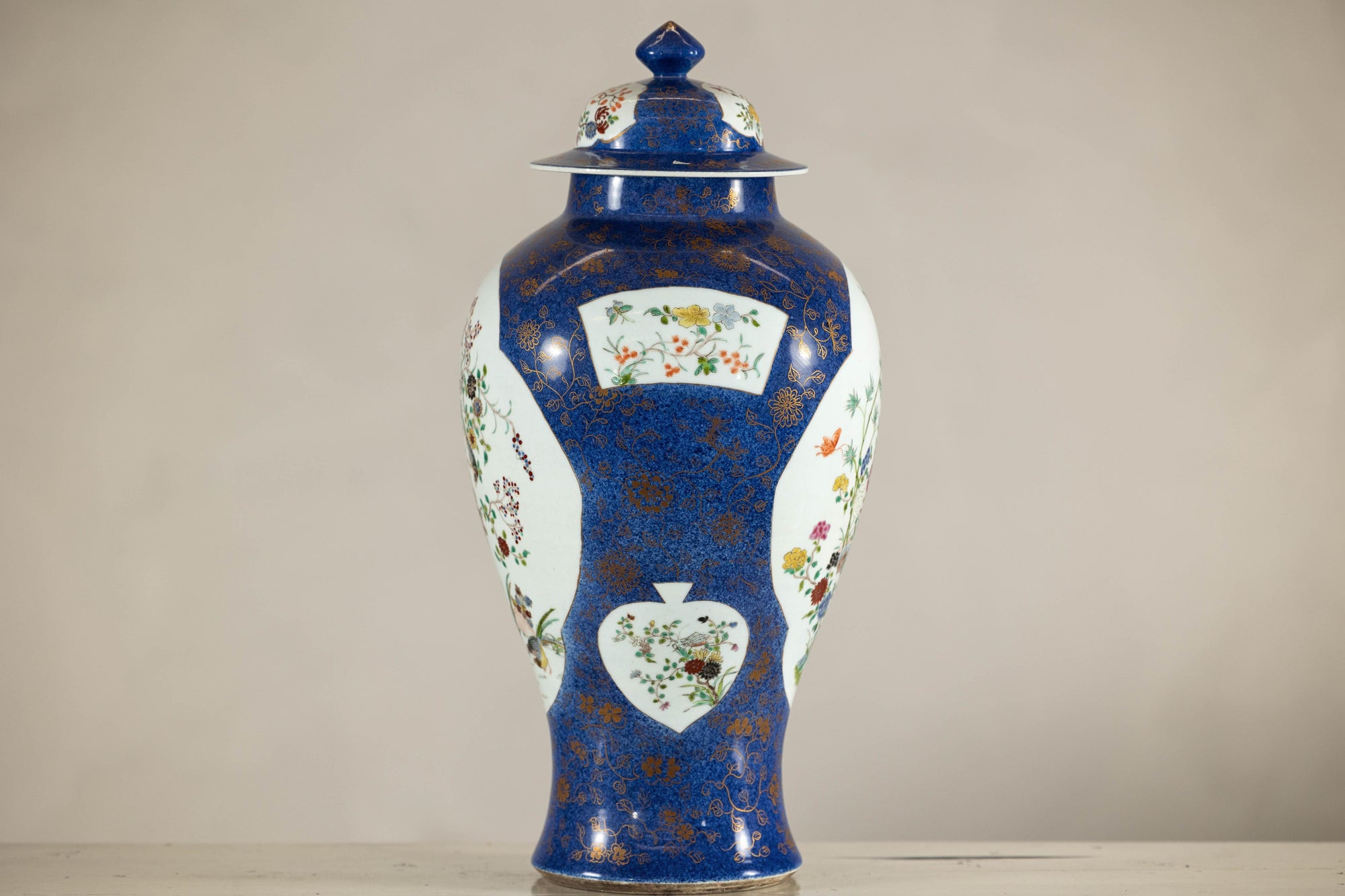 Vintage Hand-Painted Cobalt Blue Ginger Jar with Floral and Bird Motifs