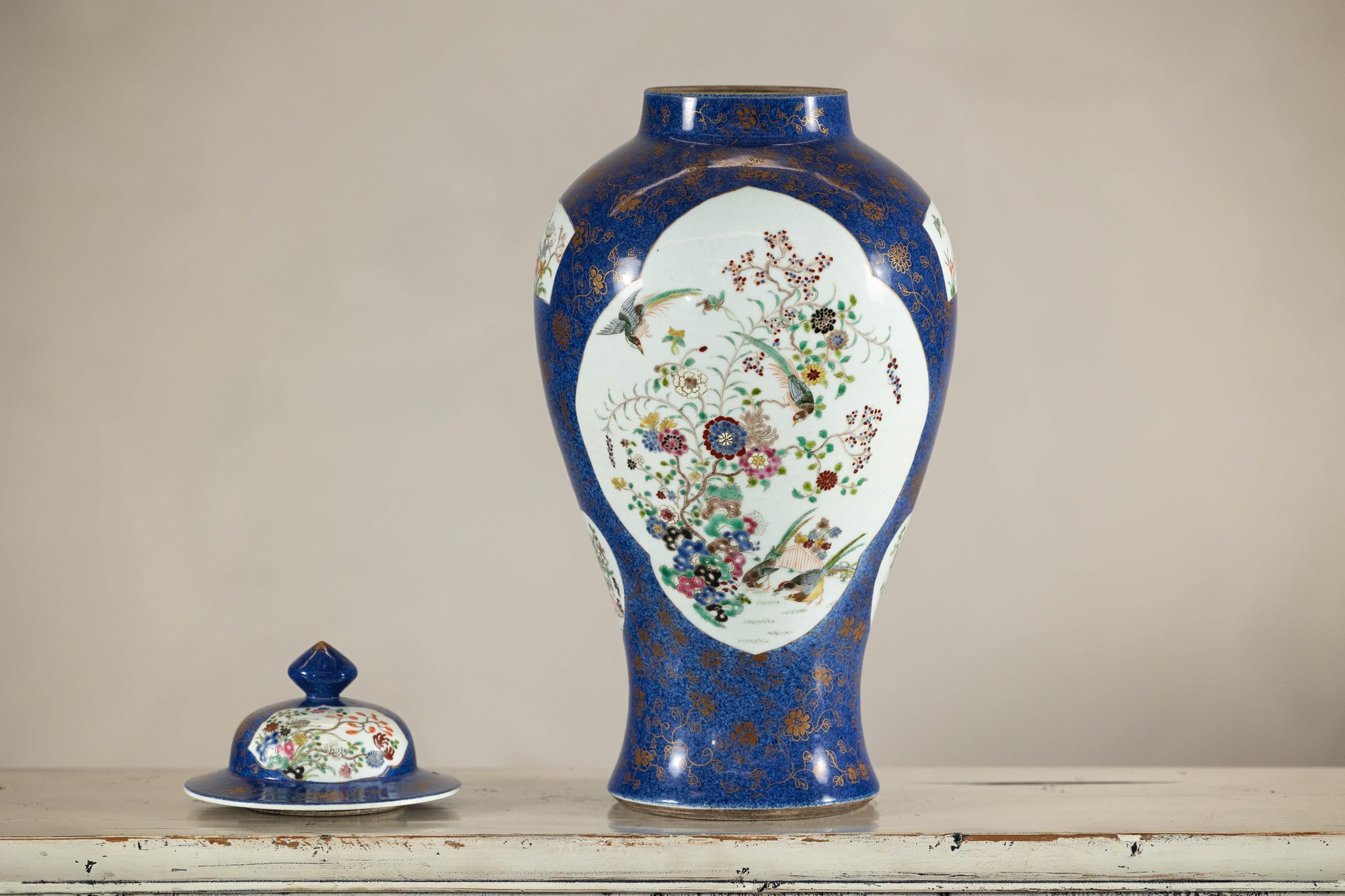 Vintage Hand-Painted Cobalt Blue Ginger Jar with Floral and Bird Motifs