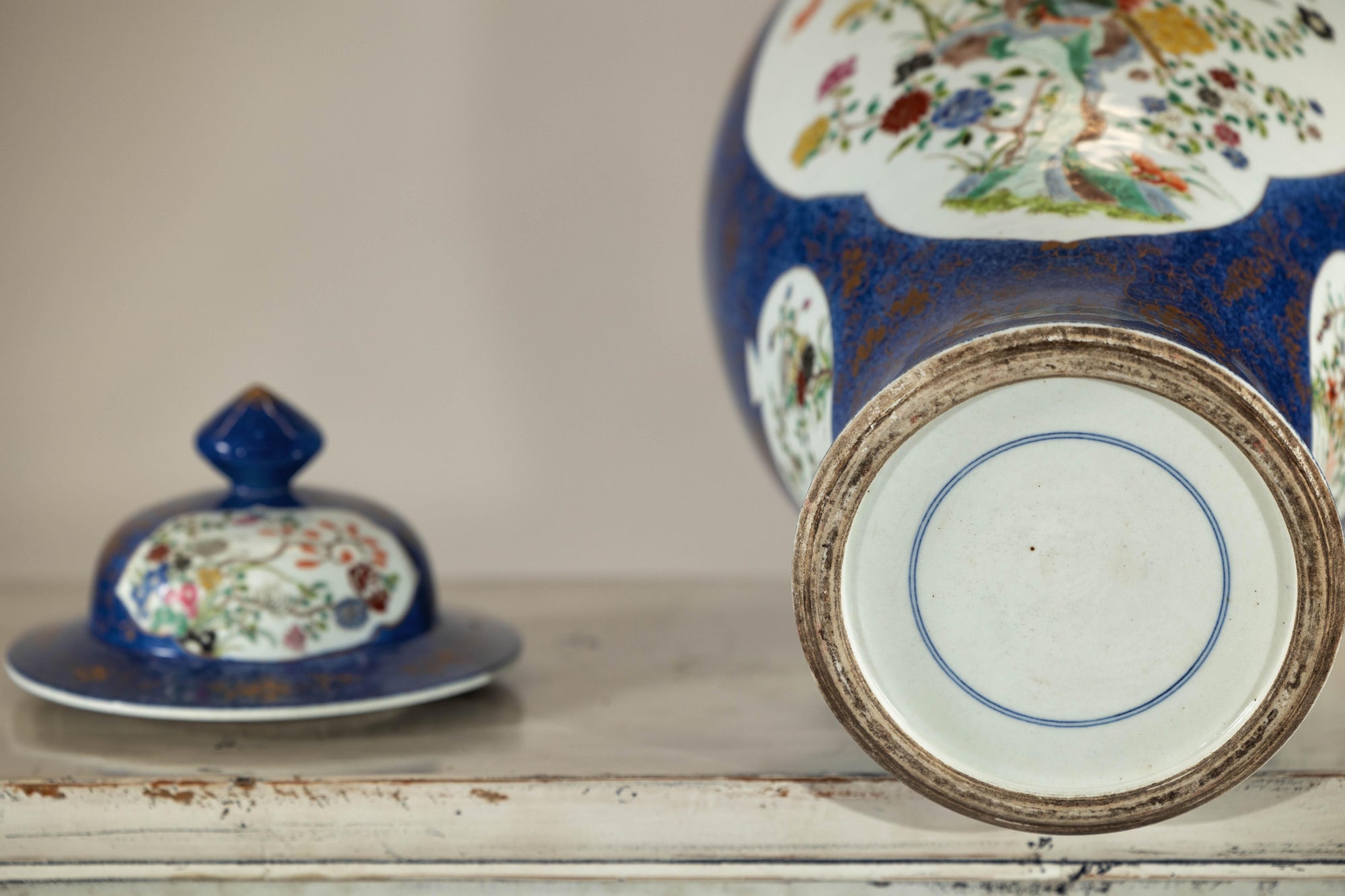 Vintage Hand-Painted Cobalt Blue Ginger Jar with Floral and Bird Motifs
