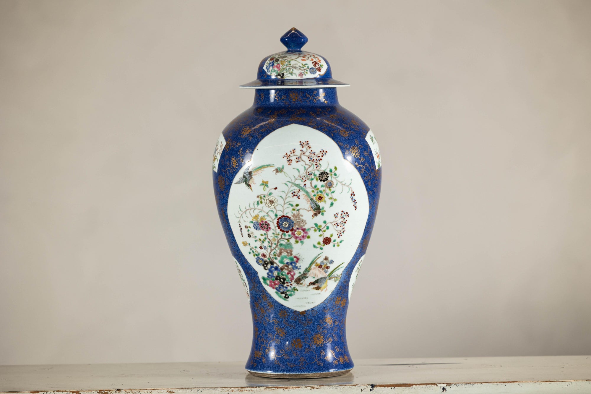 Vintage Hand-Painted Cobalt Blue Ginger Jar with Floral and Bird Motifs
