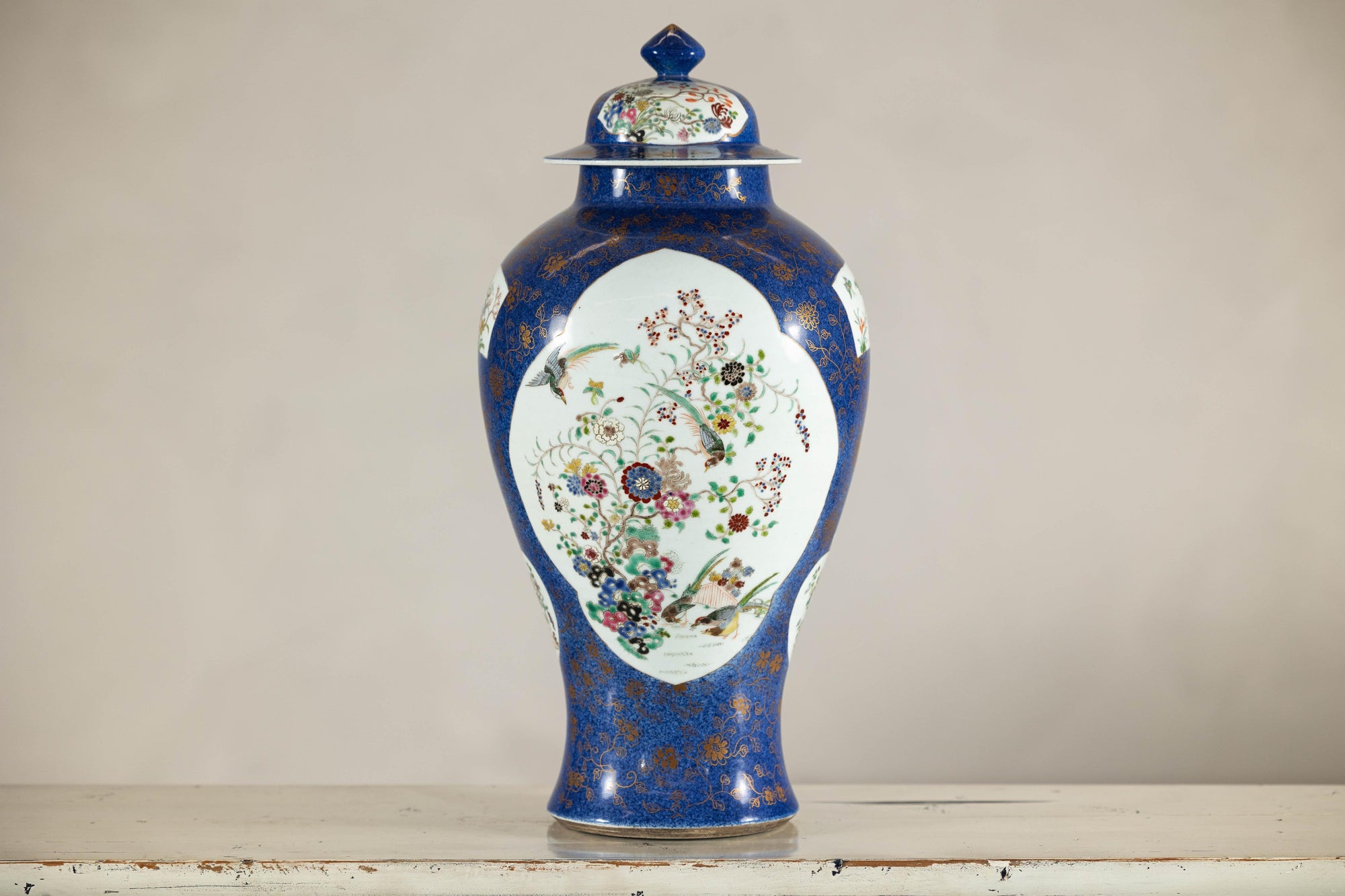 Vintage Hand-Painted Cobalt Blue Ginger Jar with Floral and Bird Motifs