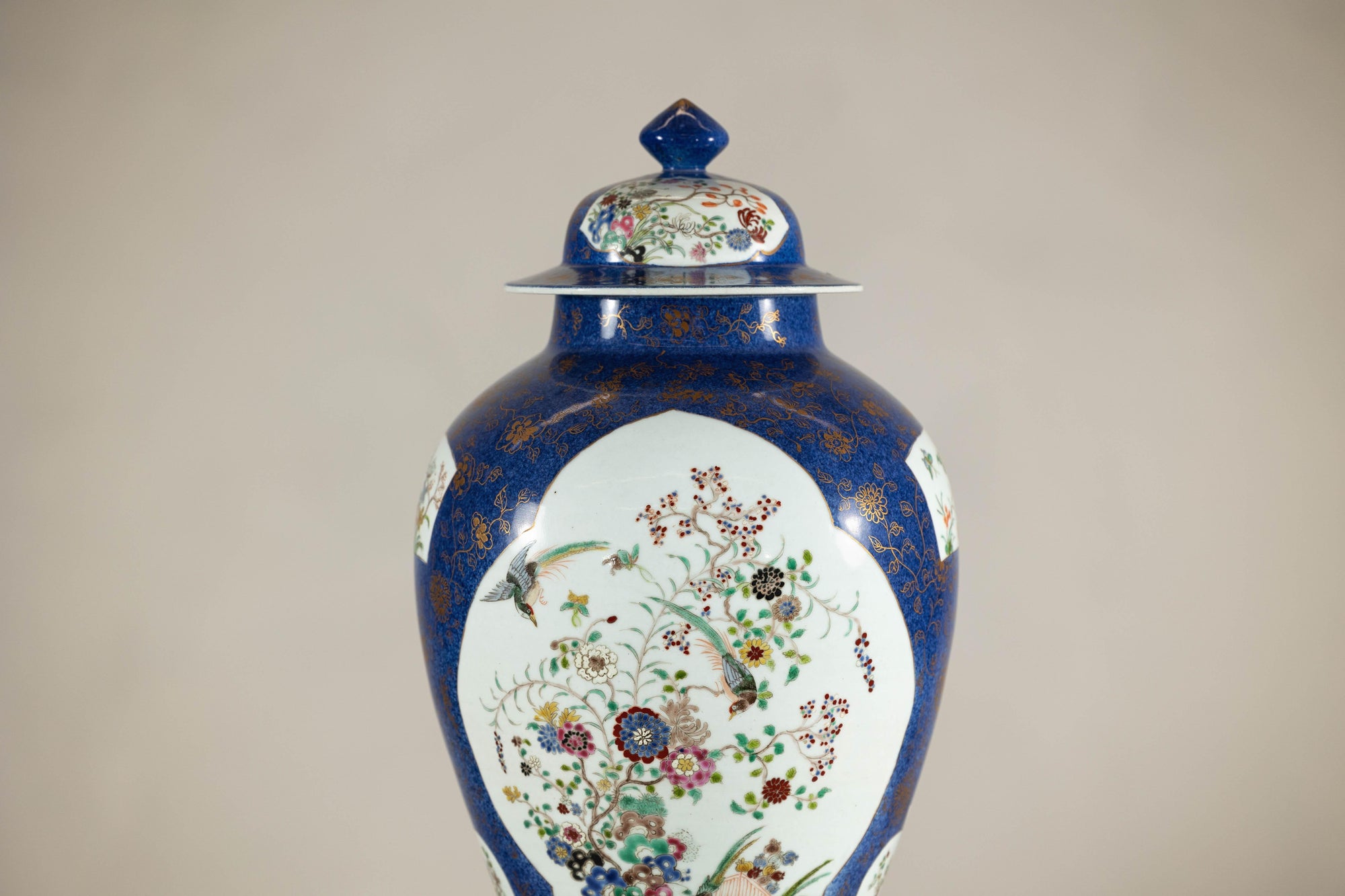 Vintage Hand-Painted Cobalt Blue Ginger Jar with Floral and Bird Motifs