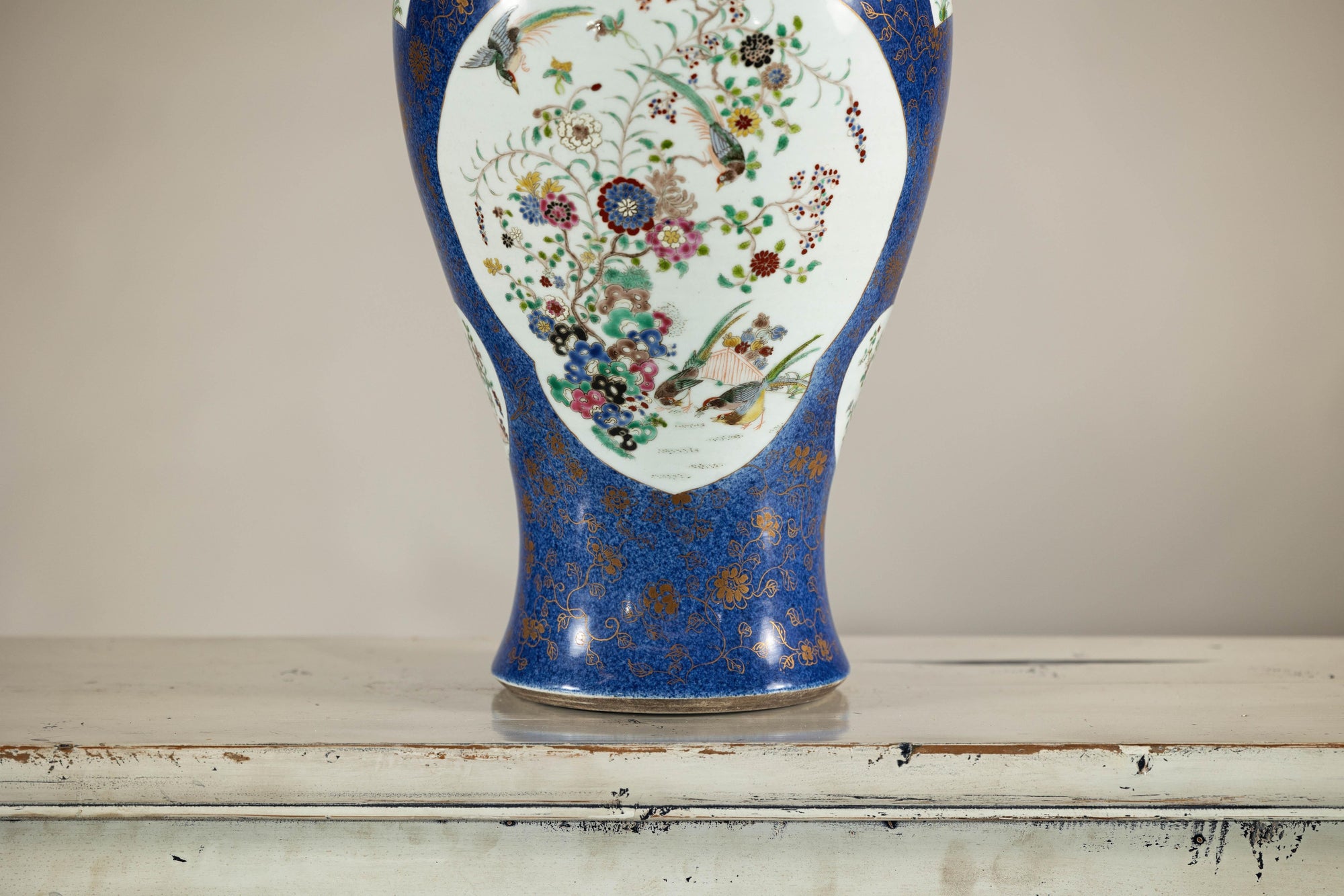Vintage Hand-Painted Cobalt Blue Ginger Jar with Floral and Bird Motifs