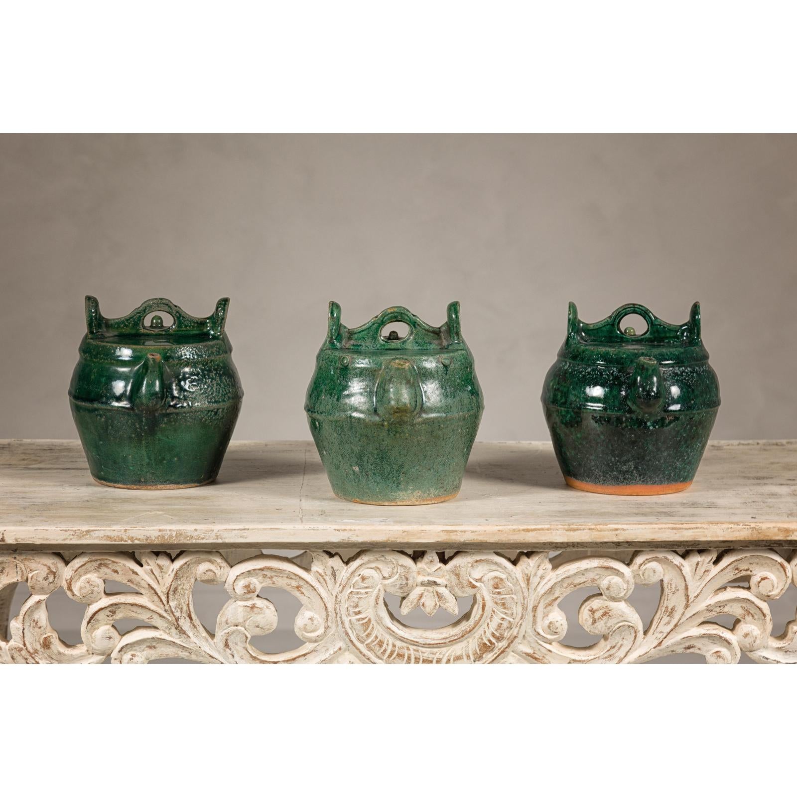 Qing Dynasty Green Glaze Late 19th Century Shiwan Ware Pottery Teapots Sold Each