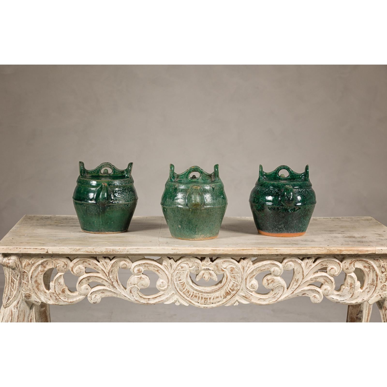 Qing Dynasty Green Glaze Late 19th Century Shiwan Ware Pottery Teapots Sold Each