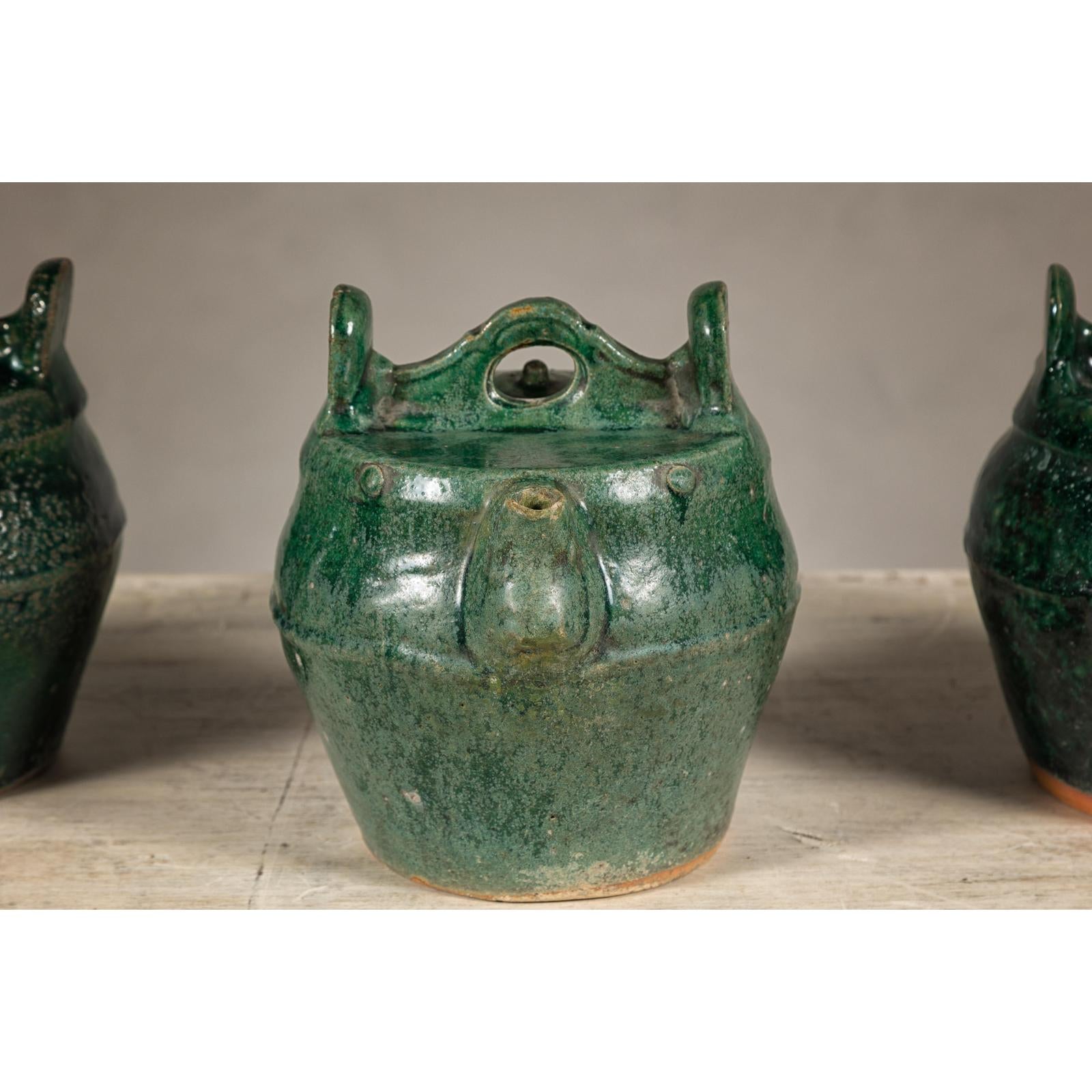 Qing Dynasty Green Glaze Late 19th Century Shiwan Ware Pottery Teapots Sold Each