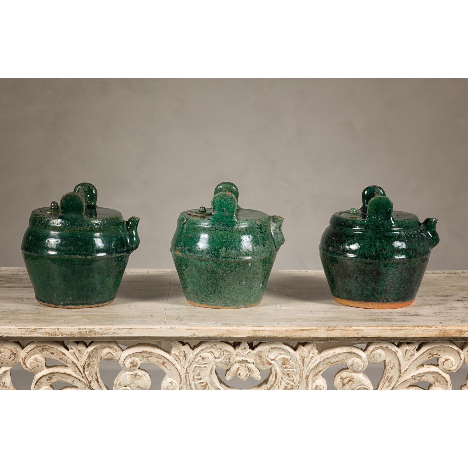 Qing Dynasty Green Glaze Late 19th Century Shiwan Ware Pottery Teapots Sold Each
