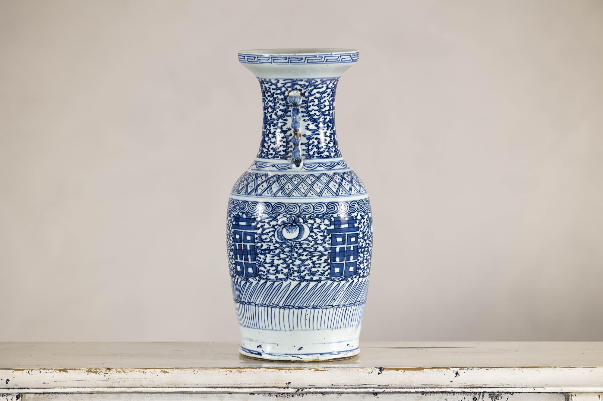 Late Qing Blue-and-White Porcelain Vase with Intricate Geometric Motifs
