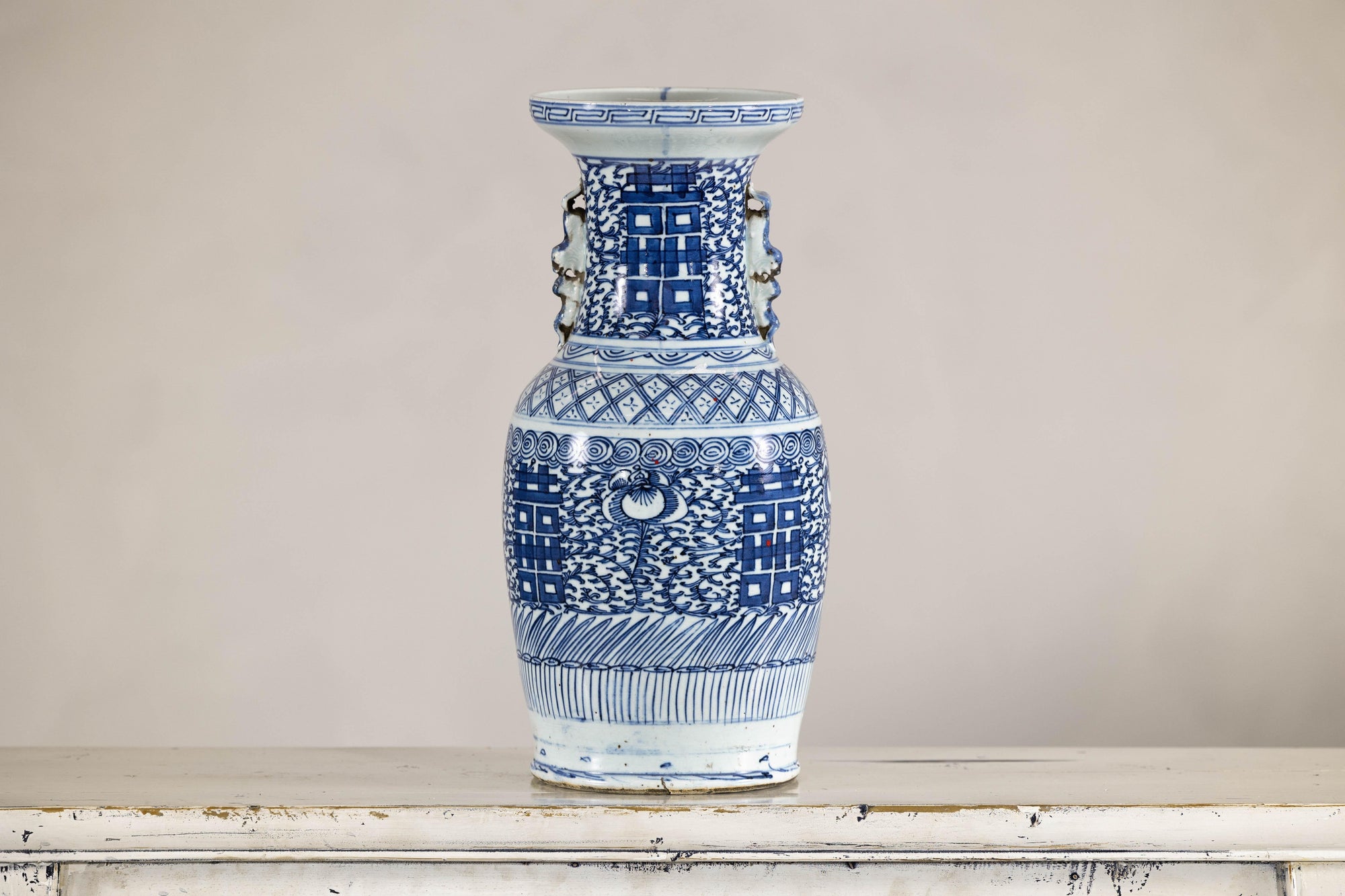 Late Qing Blue-and-White Porcelain Vase with Intricate Geometric Motifs