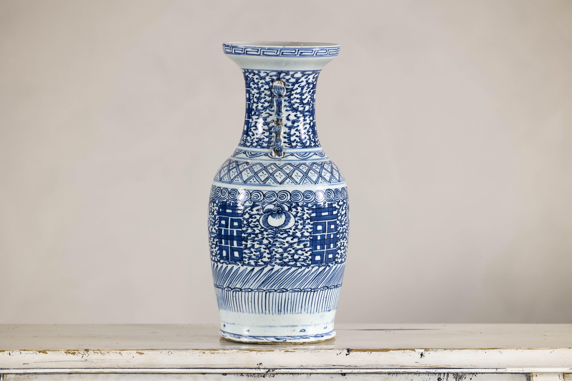 Late Qing Blue-and-White Porcelain Vase with Intricate Geometric Motifs