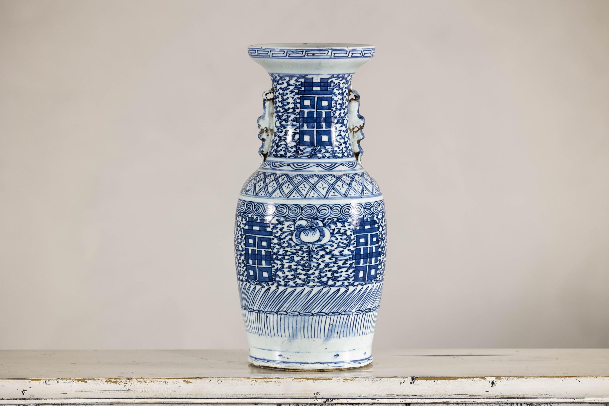 Late Qing Blue-and-White Porcelain Vase with Intricate Geometric Motifs