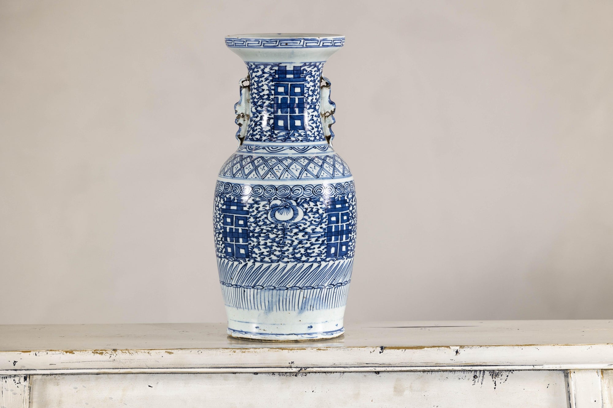 Late Qing Blue-and-White Porcelain Vase with Intricate Geometric Motifs