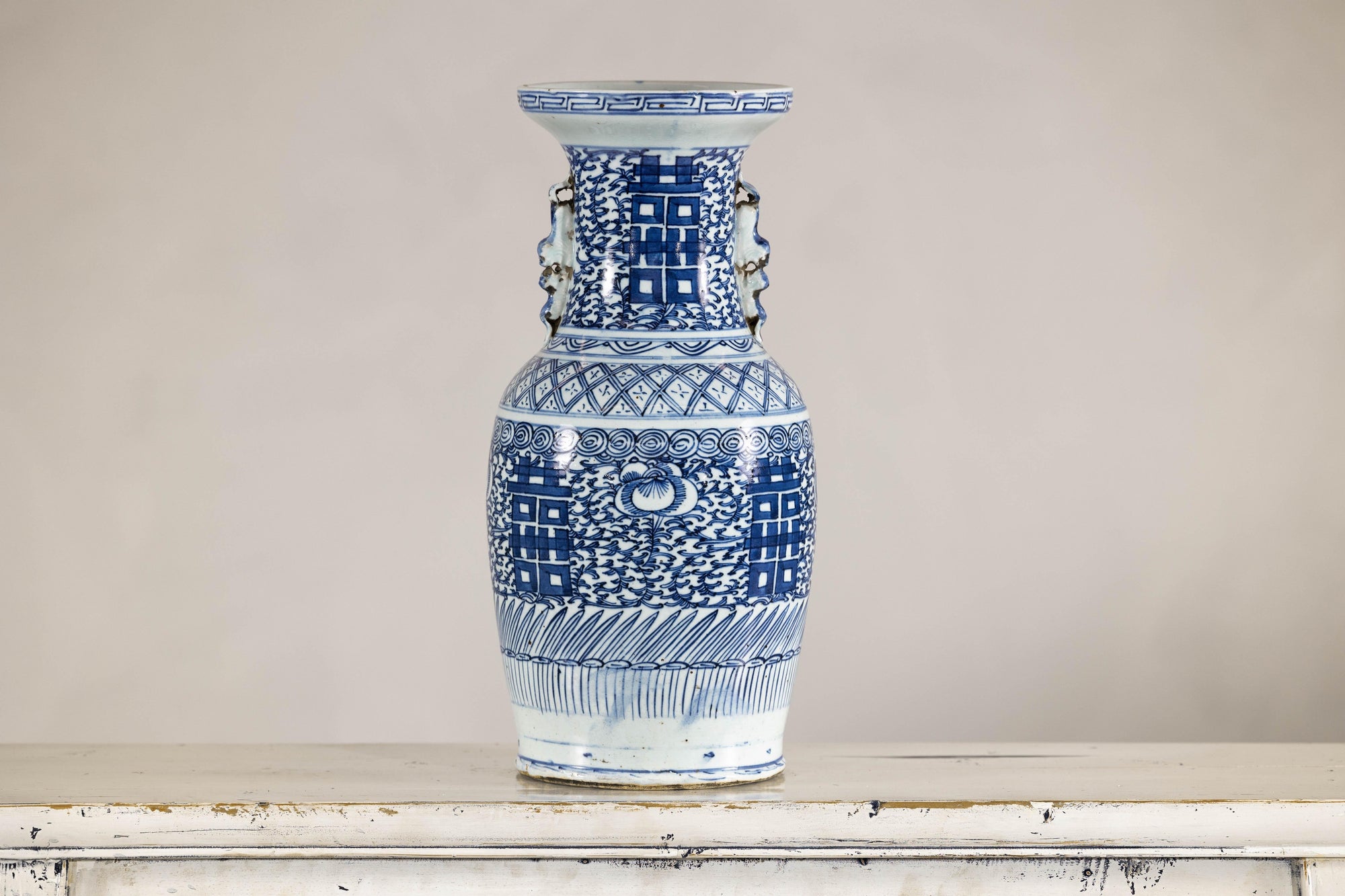 Late Qing Blue-and-White Porcelain Vase with Intricate Geometric Motifs