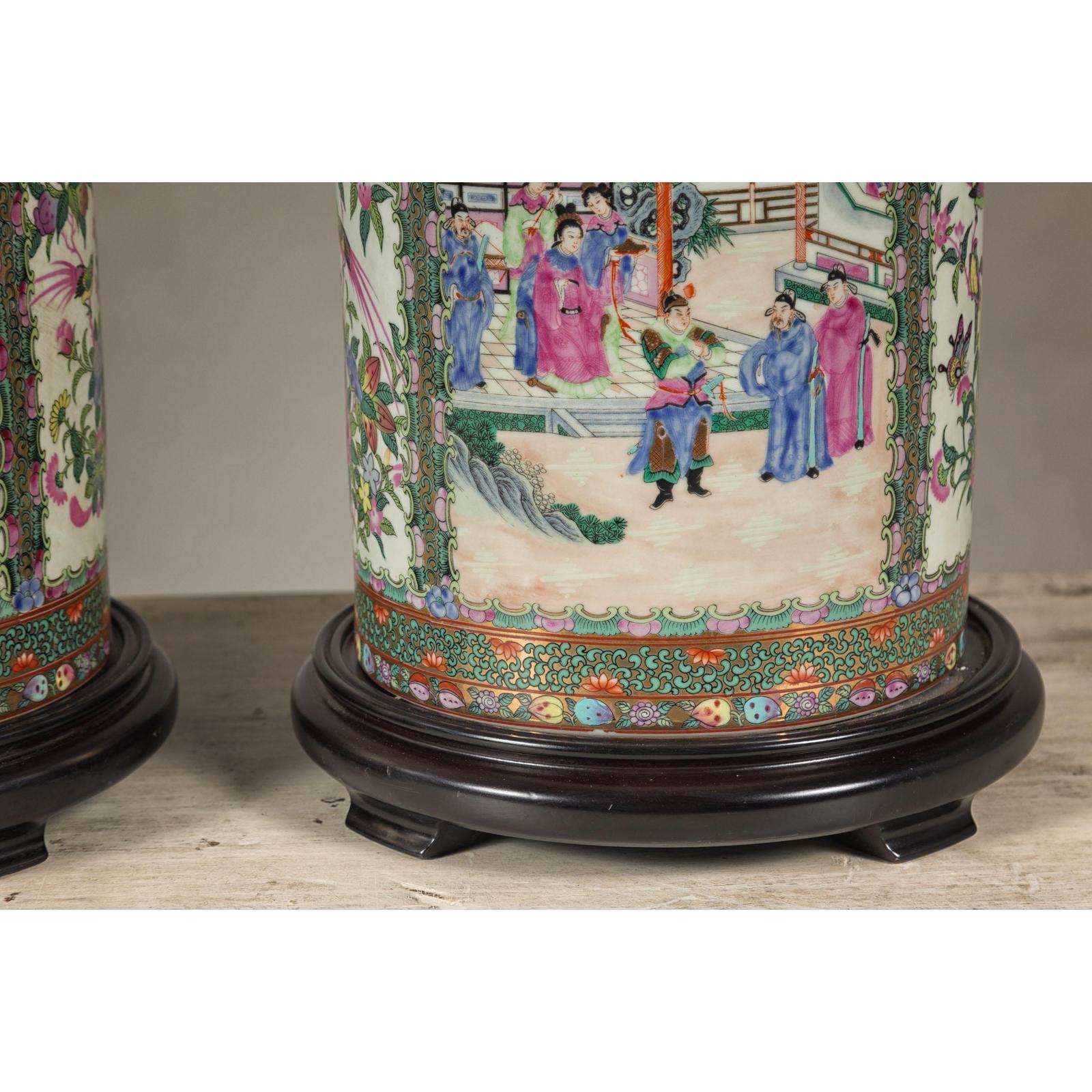 Pair of Round Hand-Painted Rose Medallion Table Lamps