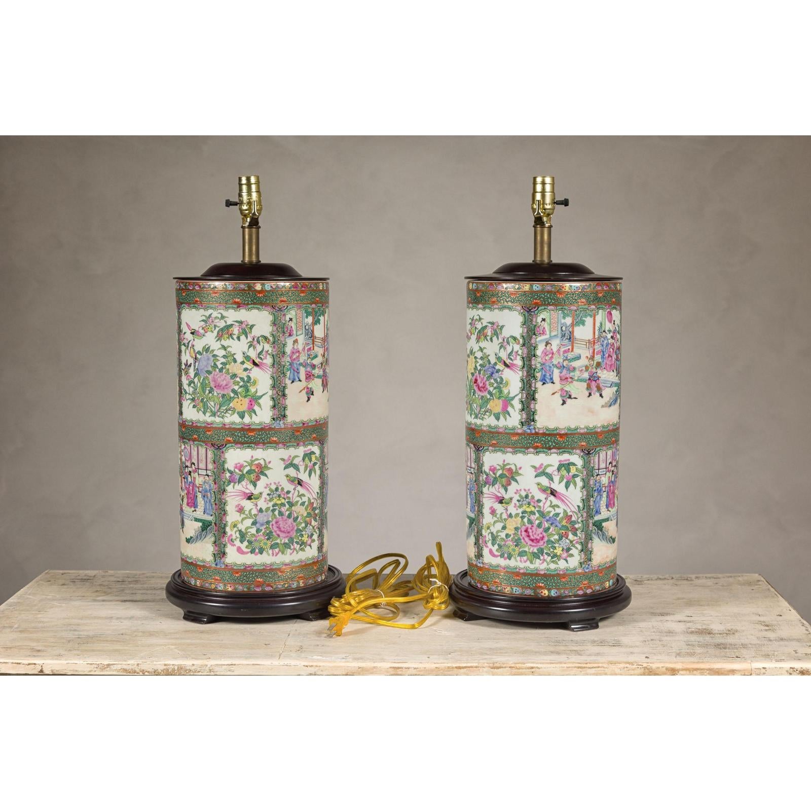 Pair of Round Hand-Painted Rose Medallion Table Lamps