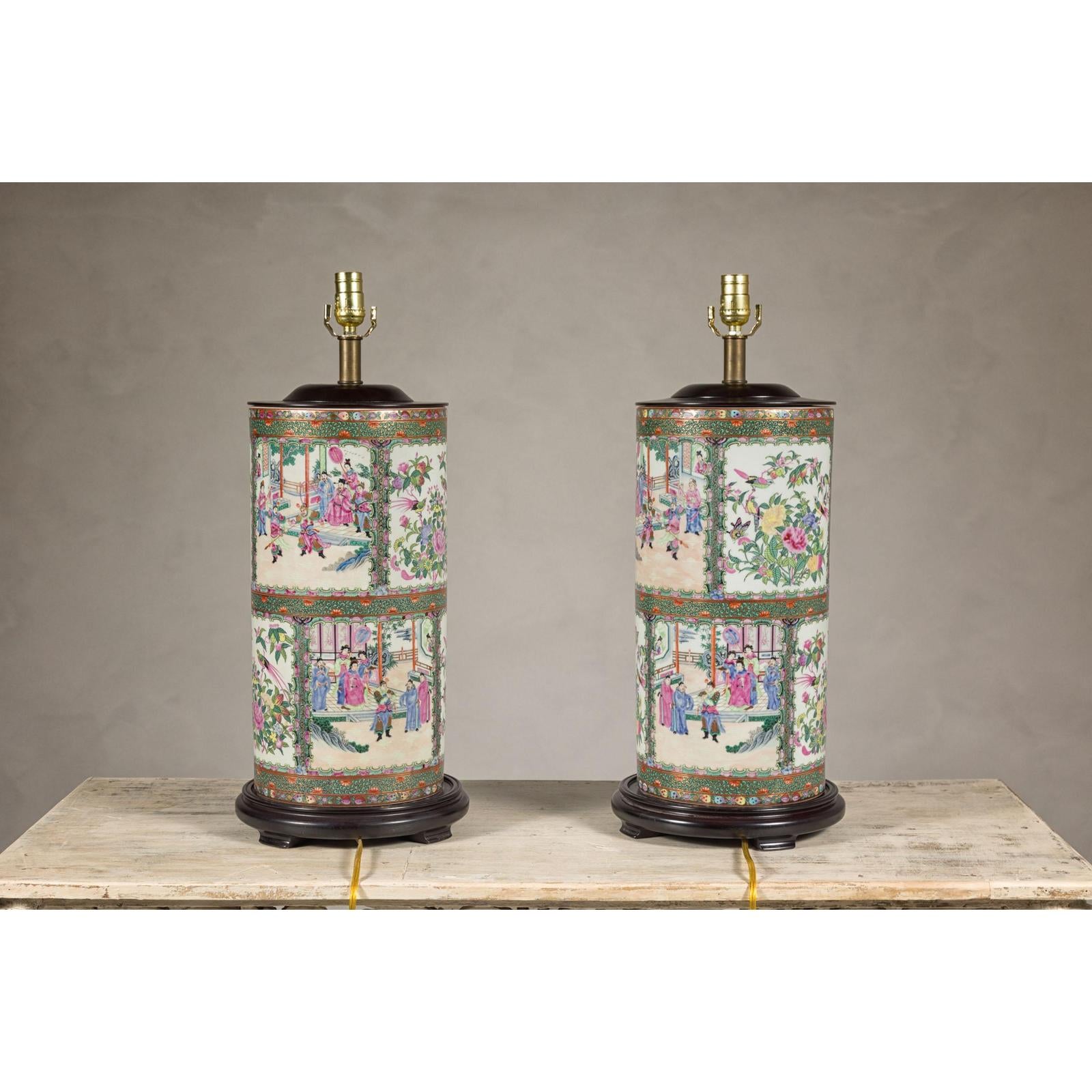 Pair of Round Hand-Painted Rose Medallion Table Lamps