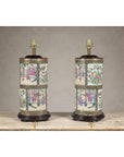 Pair of Round Hand-Painted Rose Medallion Table Lamps