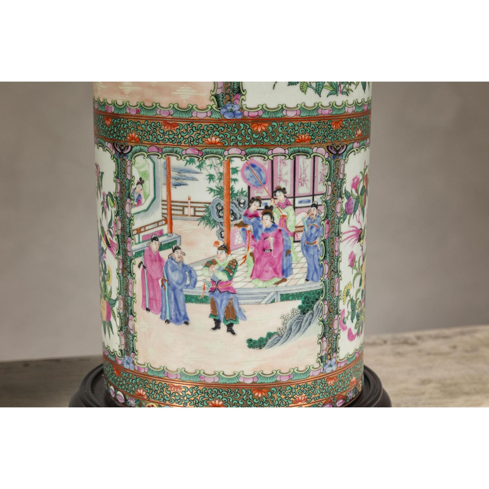 Pair of Round Hand-Painted Rose Medallion Table Lamps