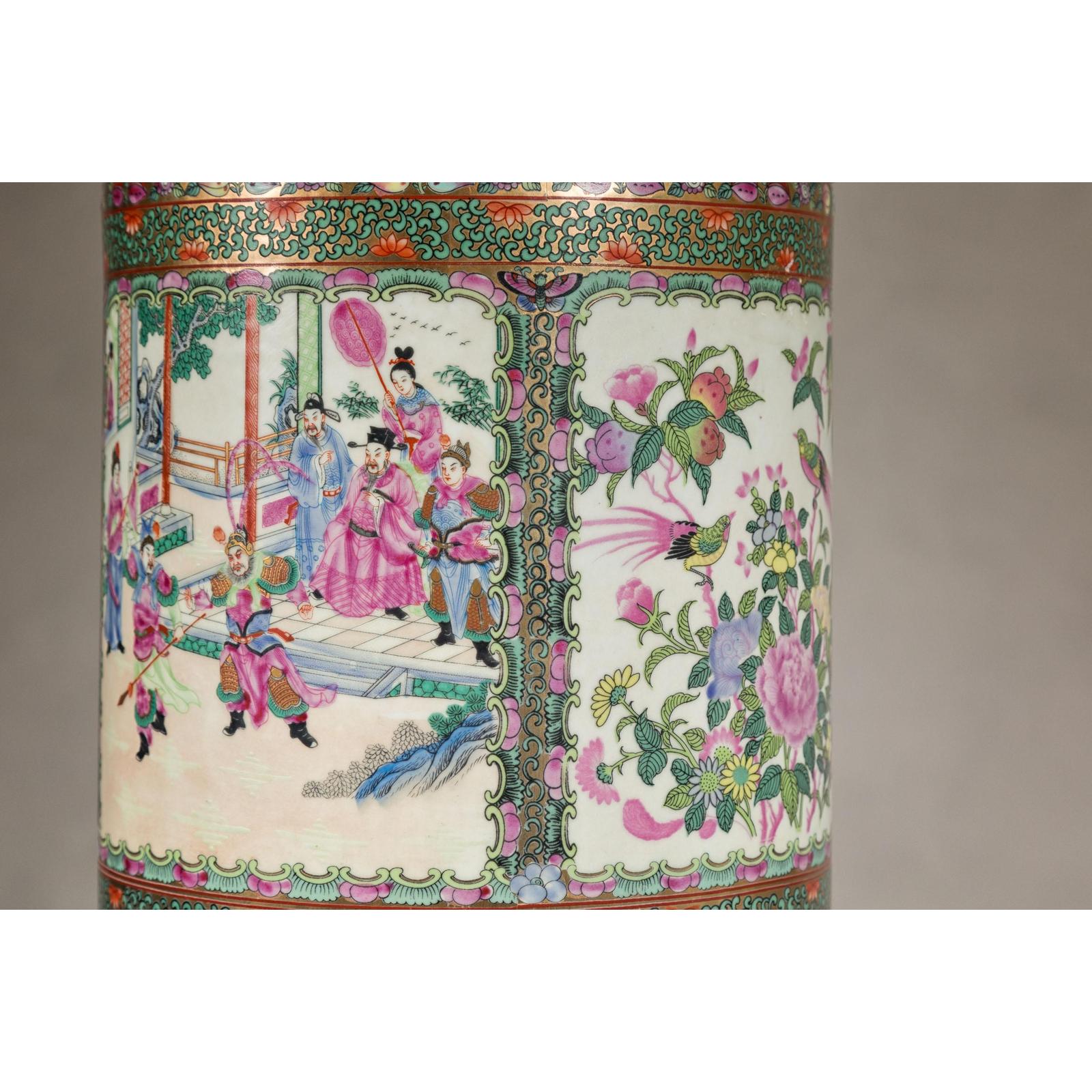 Pair of Round Hand-Painted Rose Medallion Table Lamps