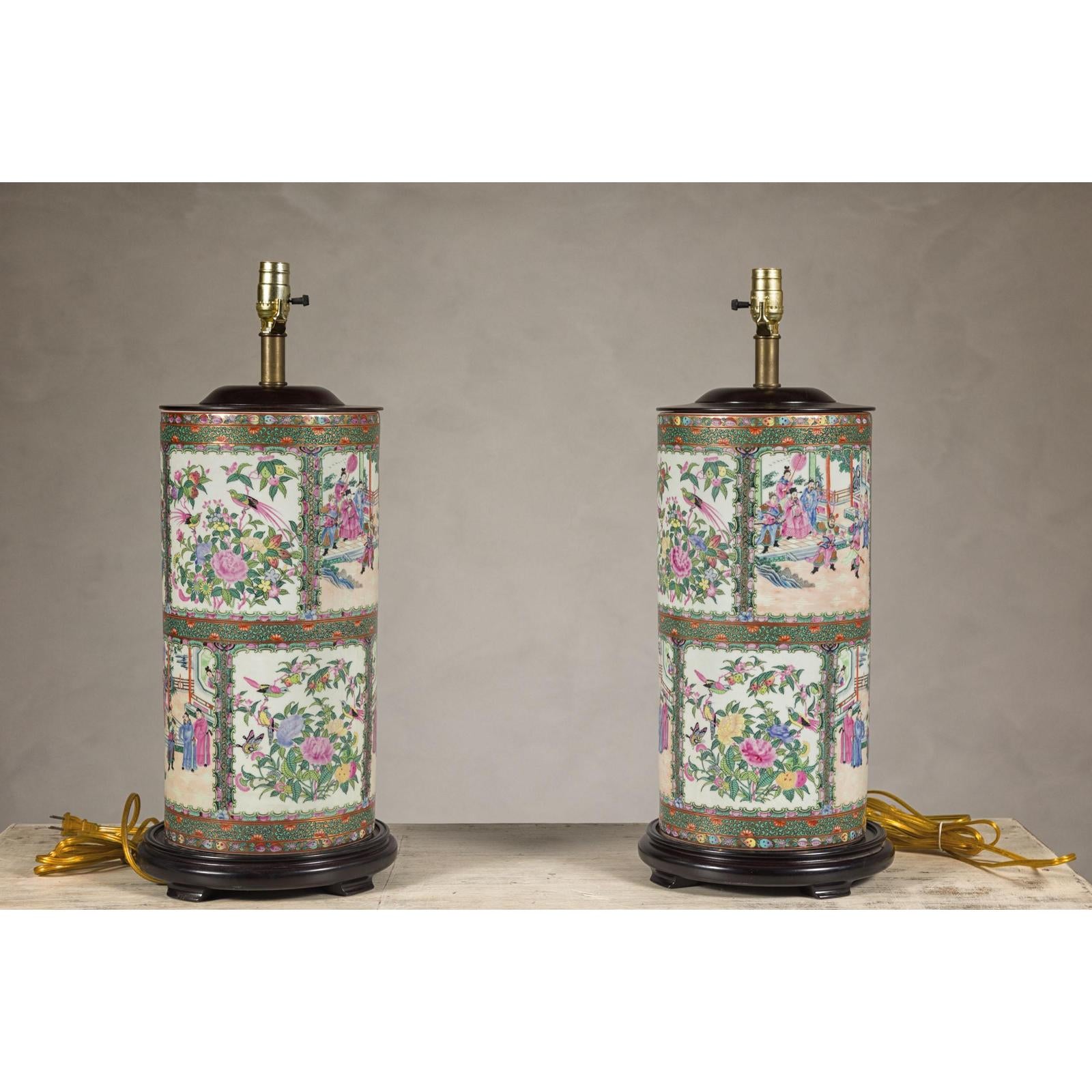 Pair of Round Hand-Painted Rose Medallion Table Lamps