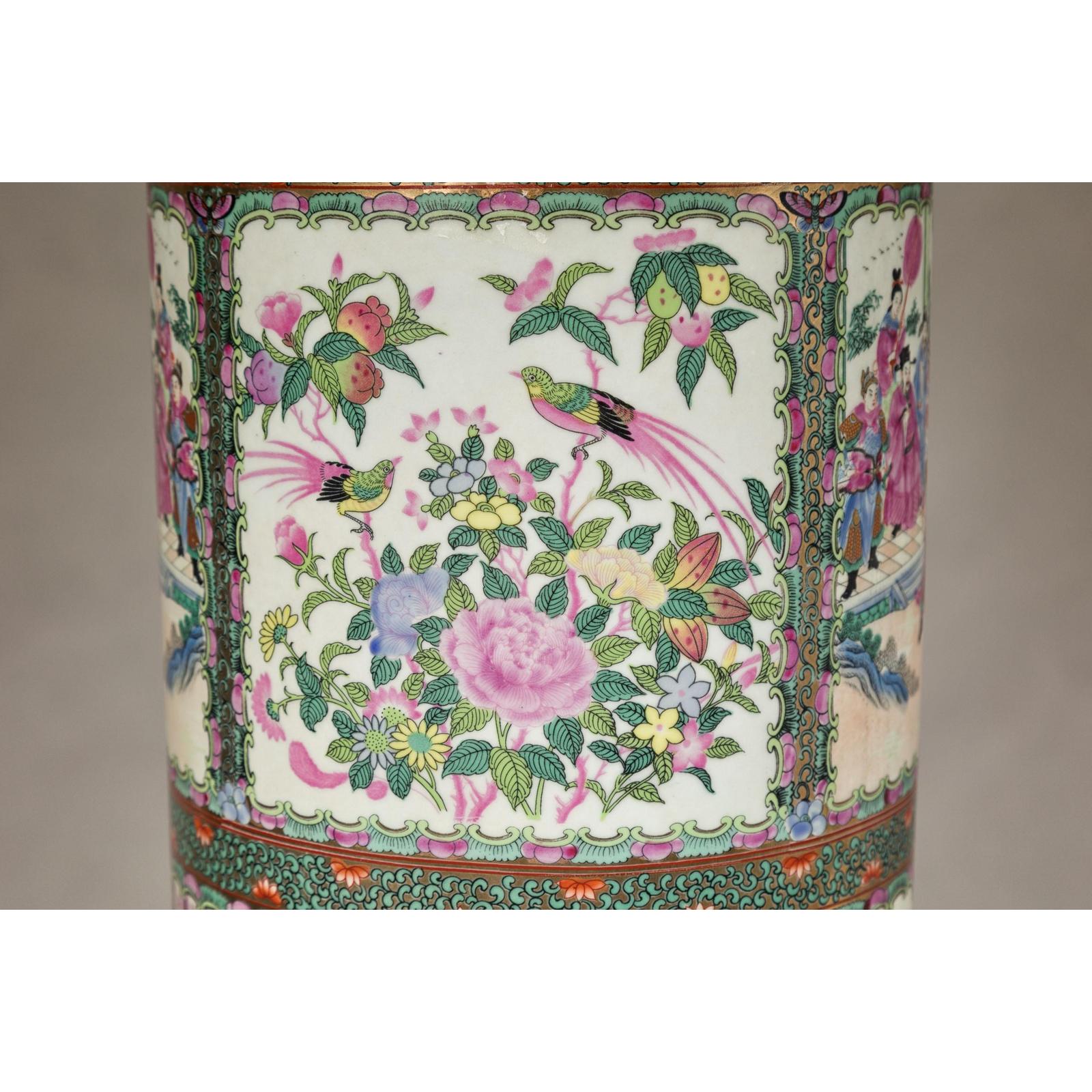 Pair of Round Hand-Painted Rose Medallion Table Lamps