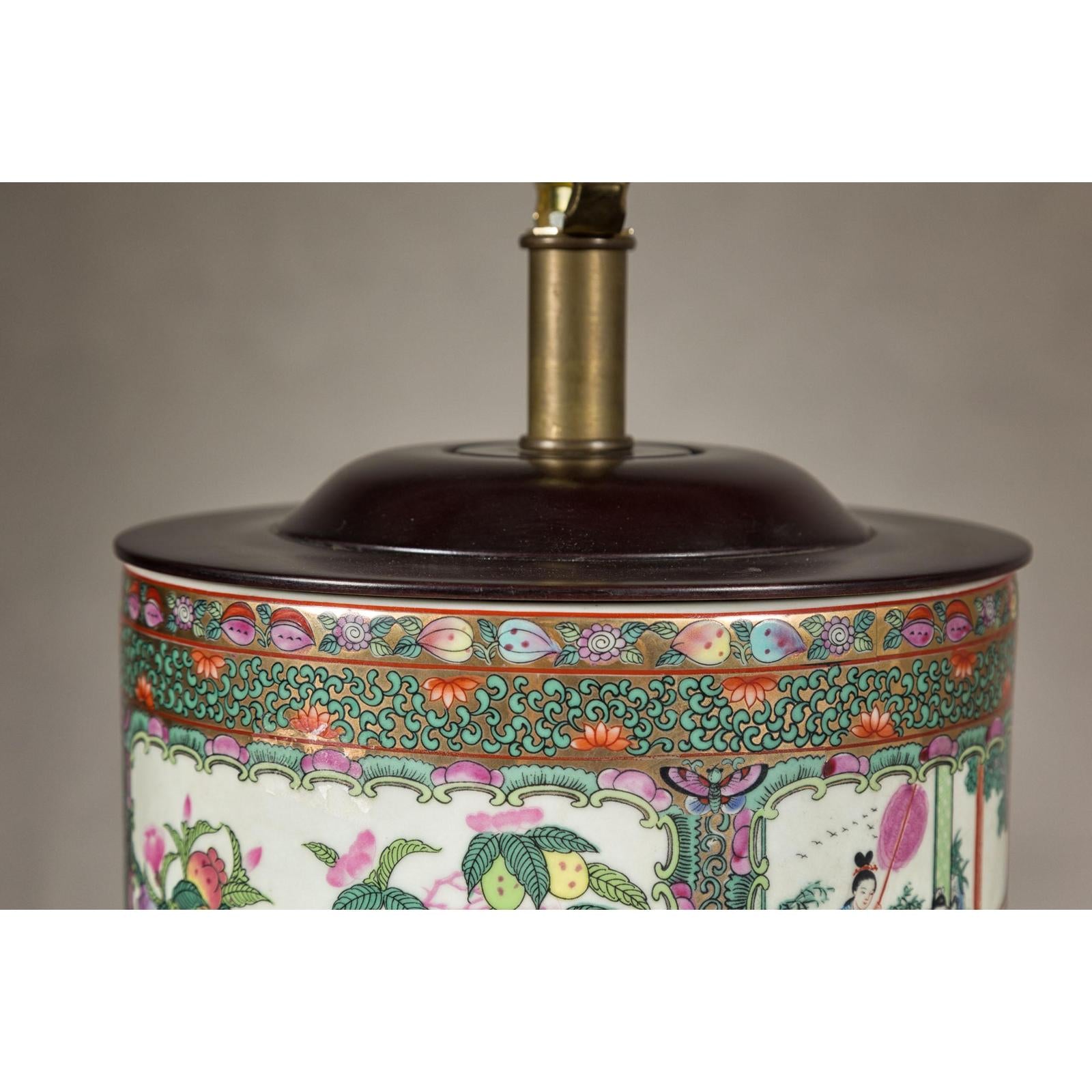Pair of Round Hand-Painted Rose Medallion Table Lamps
