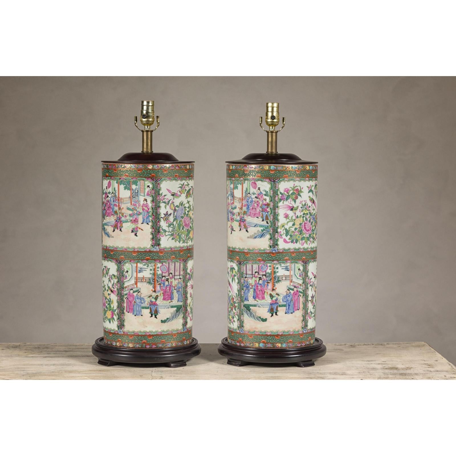 Pair of Round Hand-Painted Rose Medallion Table Lamps