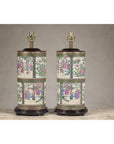 Pair of Round Hand-Painted Rose Medallion Table Lamps