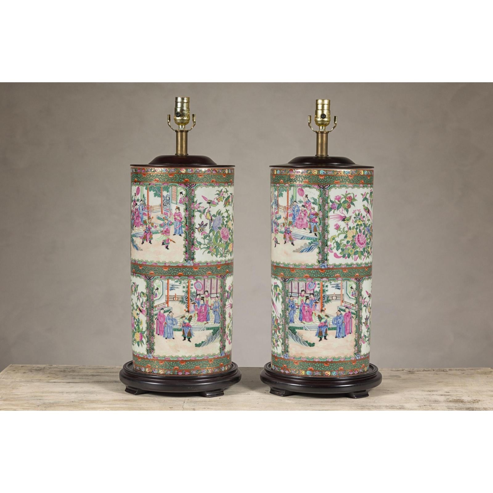 Pair of Round Hand-Painted Rose Medallion Table Lamps