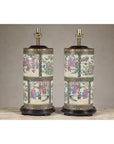 Pair of Round Hand-Painted Rose Medallion Table Lamps