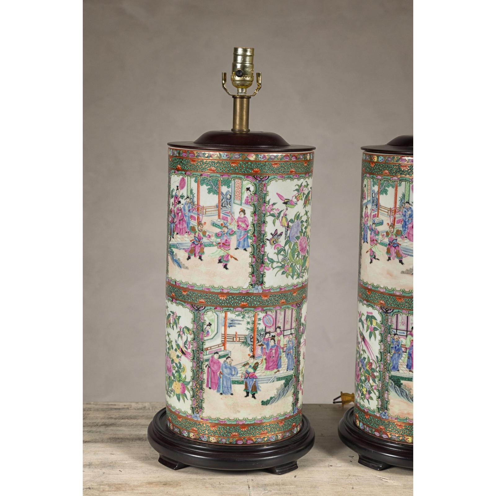 Pair of Round Hand-Painted Rose Medallion Table Lamps