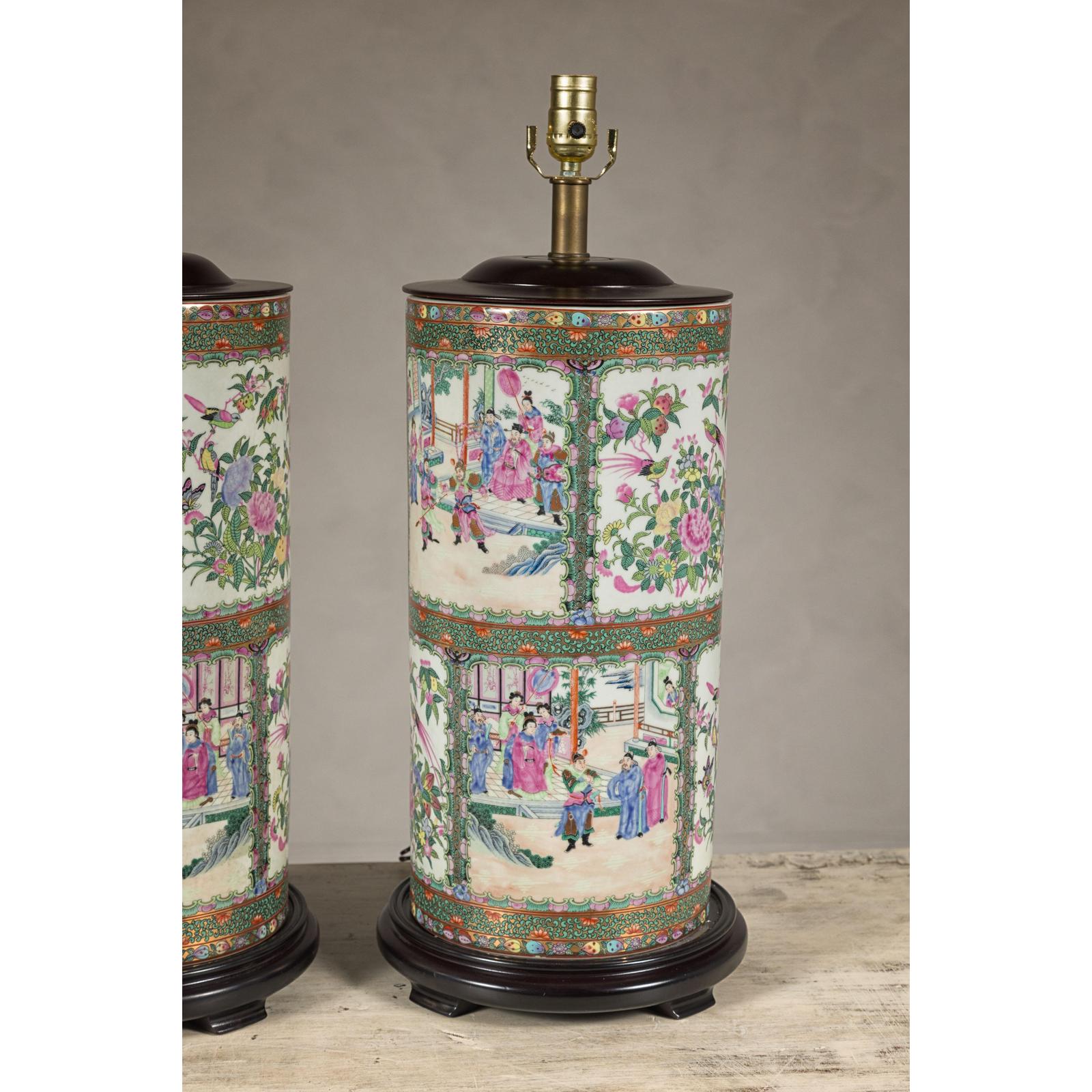 Pair of Round Hand-Painted Rose Medallion Table Lamps