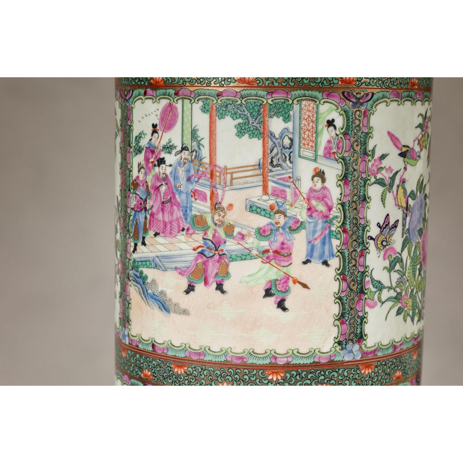 Pair of Round Hand-Painted Rose Medallion Table Lamps